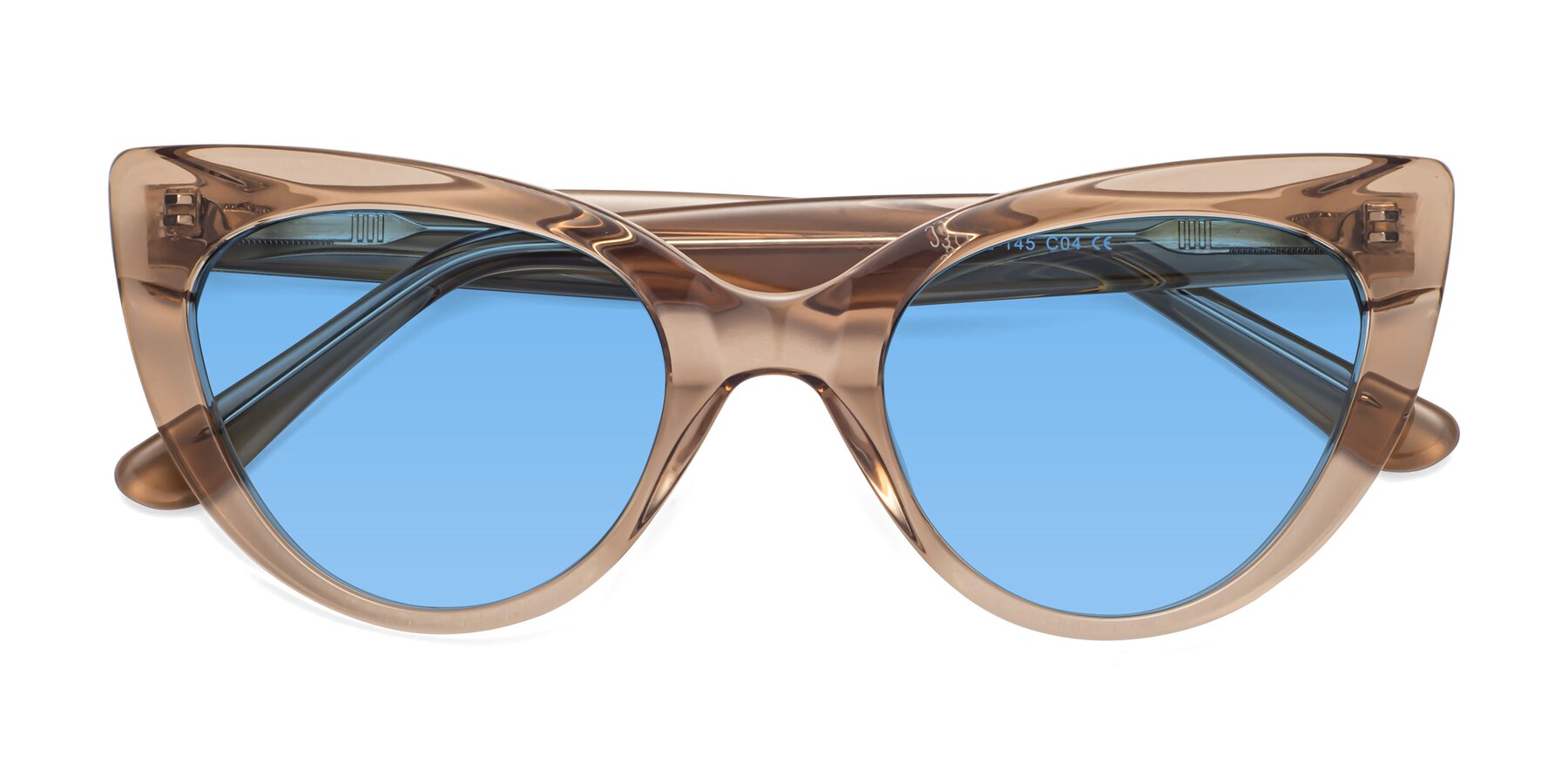 Folded Front of Tiesi in Caramel with Medium Blue Tinted Lenses