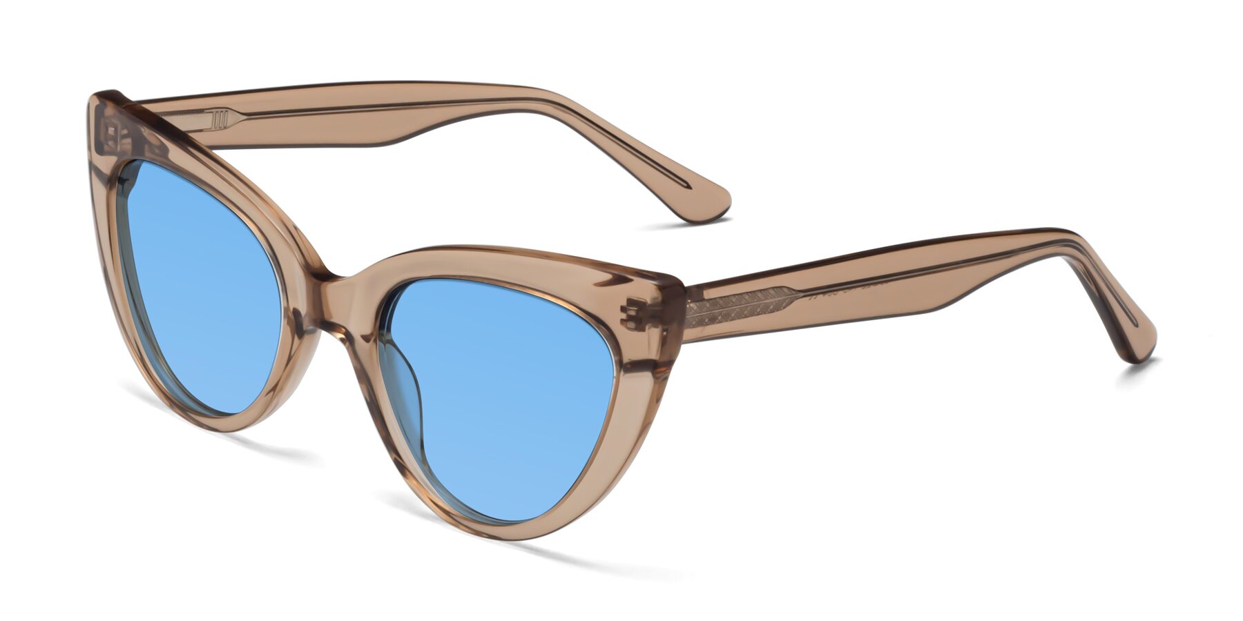 Angle of Tiesi in Caramel with Medium Blue Tinted Lenses