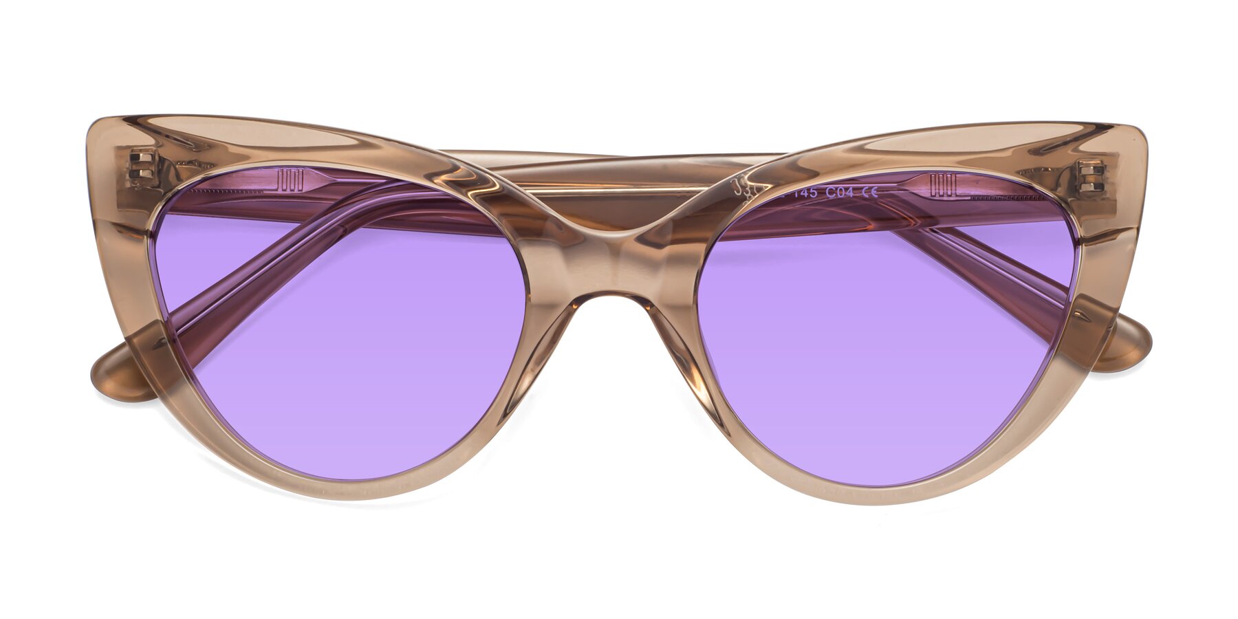 Folded Front of Tiesi in Caramel with Medium Purple Tinted Lenses