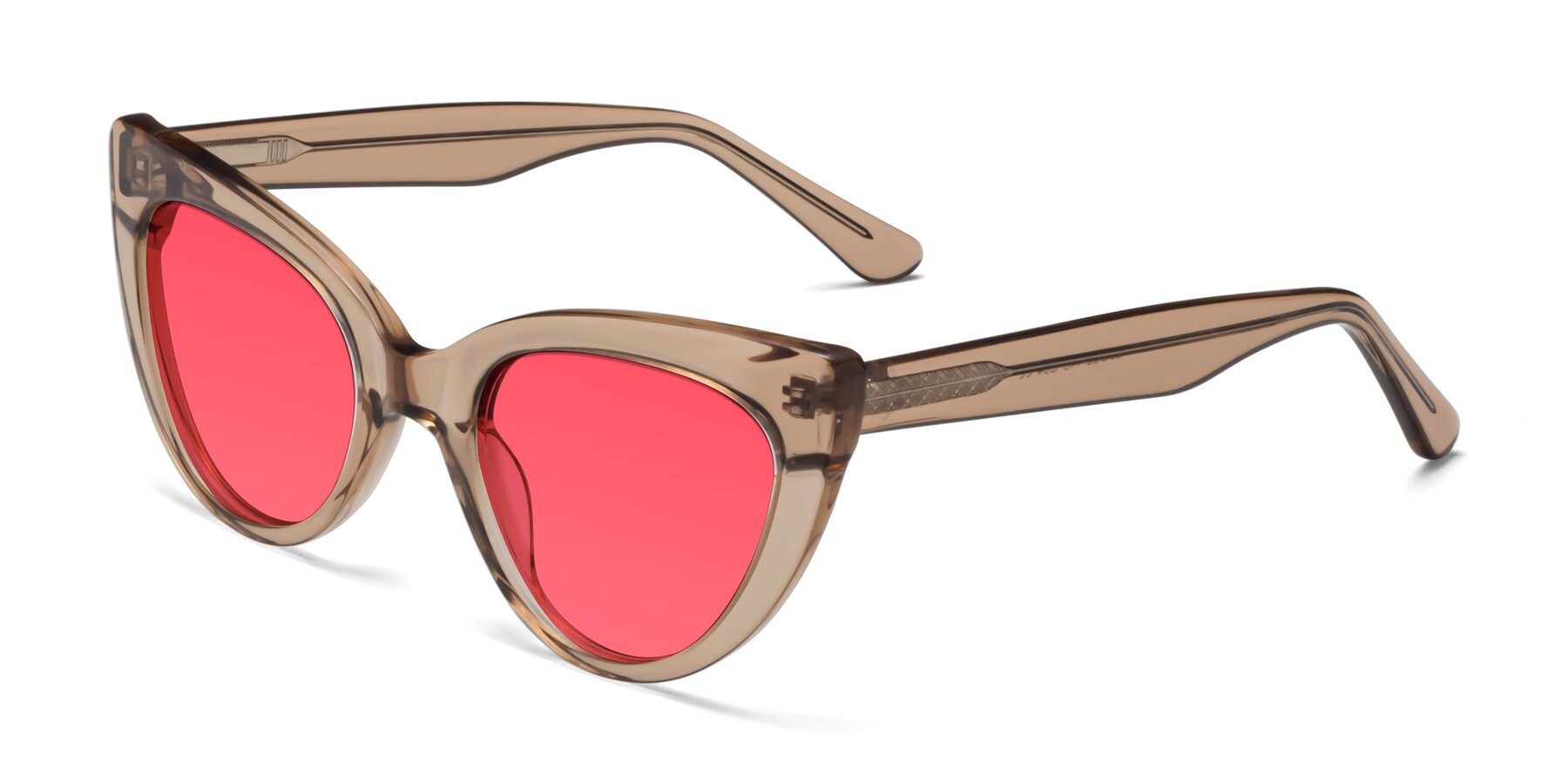 Angle of Tiesi in Caramel with Red Tinted Lenses