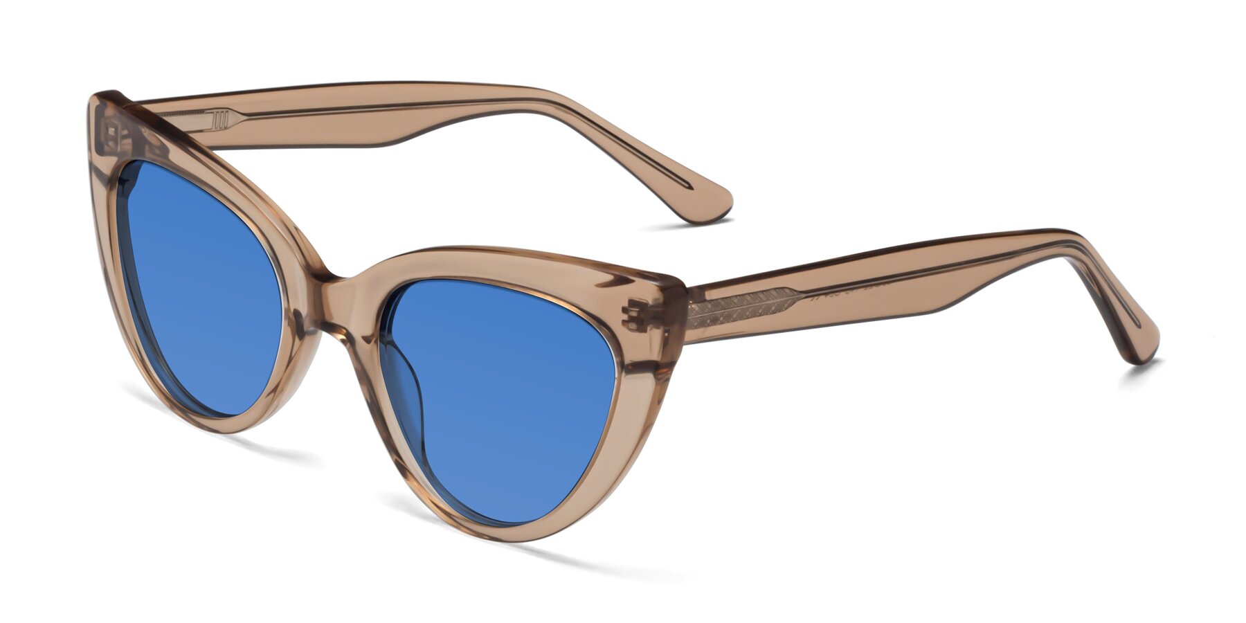 Angle of Tiesi in Caramel with Blue Tinted Lenses