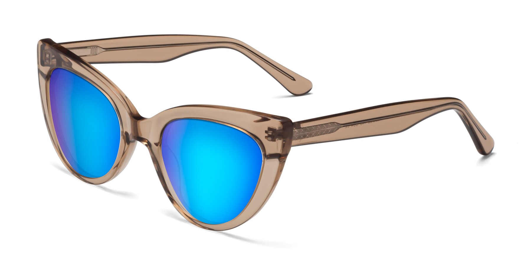 Angle of Tiesi in Caramel with Blue Mirrored Lenses