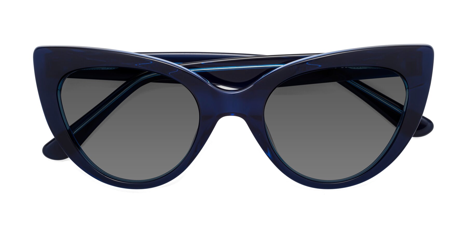 Folded Front of Tiesi in Midnight Blue with Medium Gray Tinted Lenses
