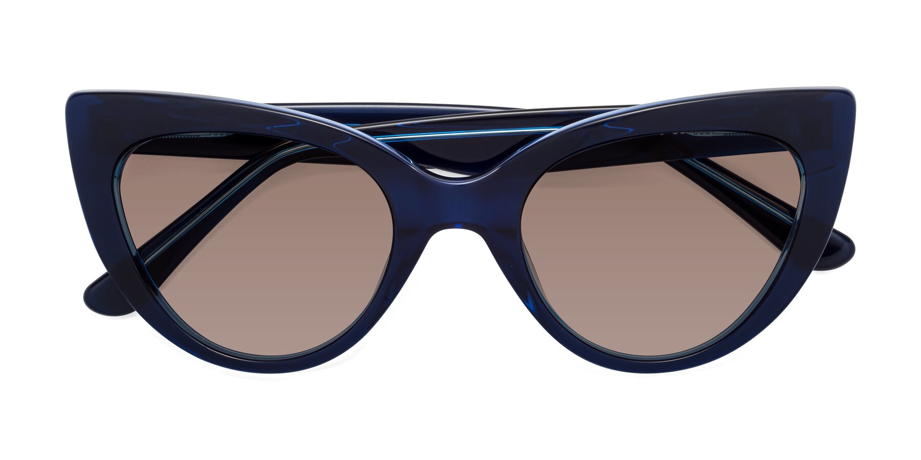 Folded Front of Tiesi in Midnight Blue with Medium Brown Tinted Lenses