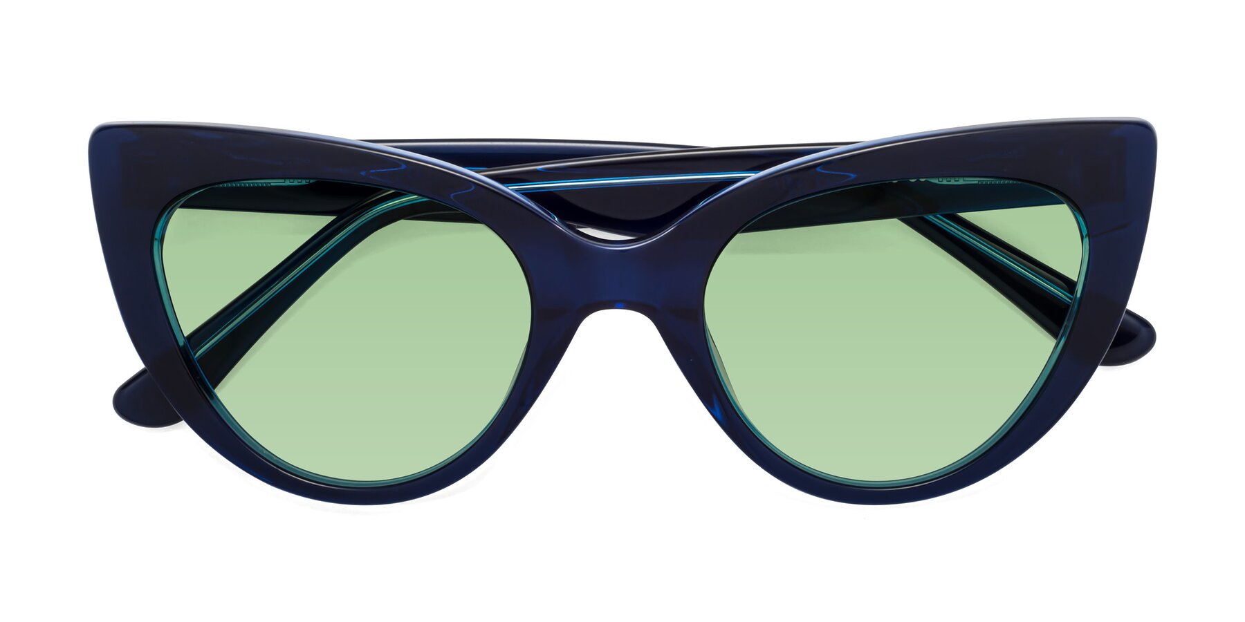 Folded Front of Tiesi in Midnight Blue with Medium Green Tinted Lenses