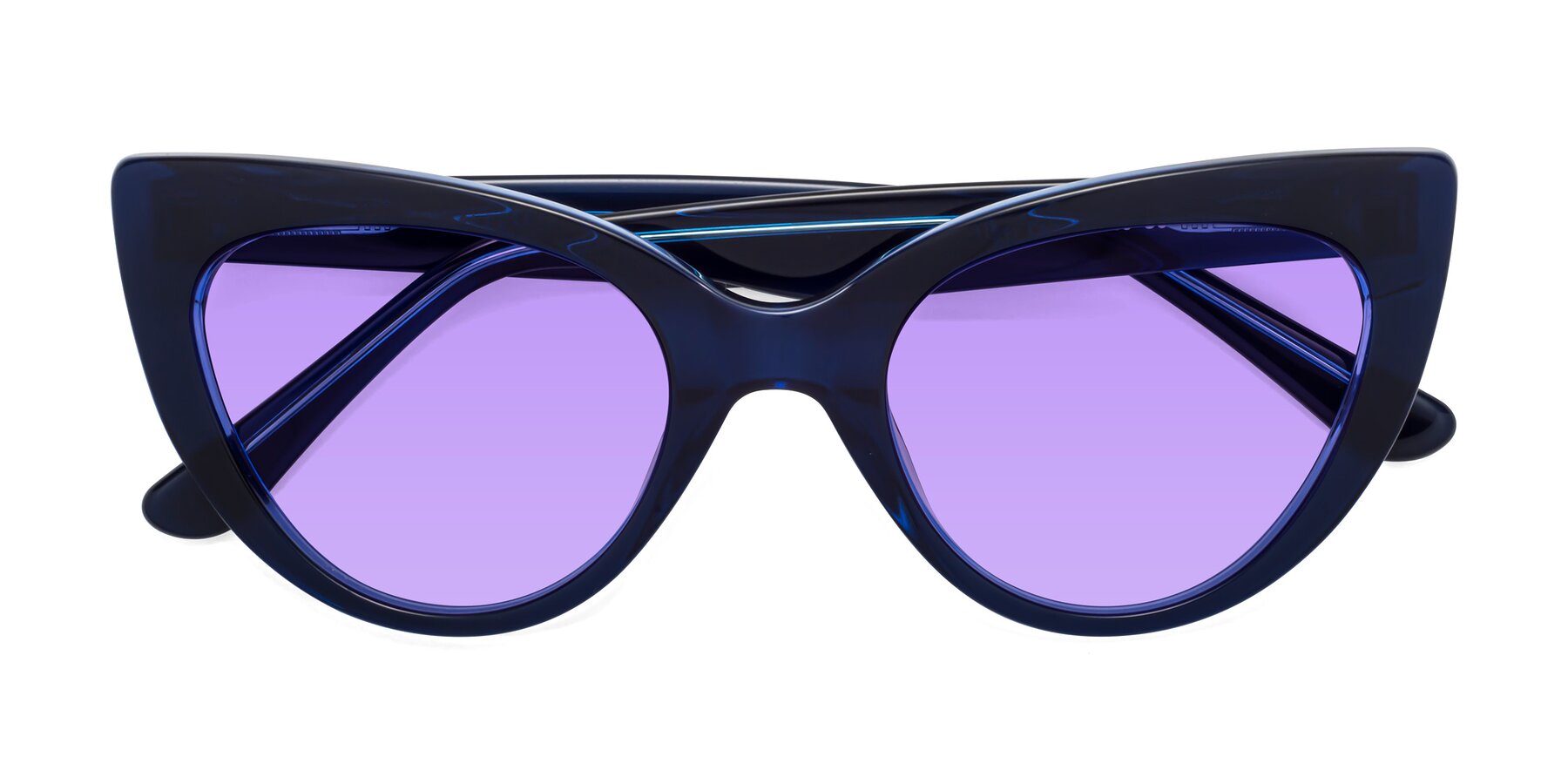 Folded Front of Tiesi in Midnight Blue with Medium Purple Tinted Lenses