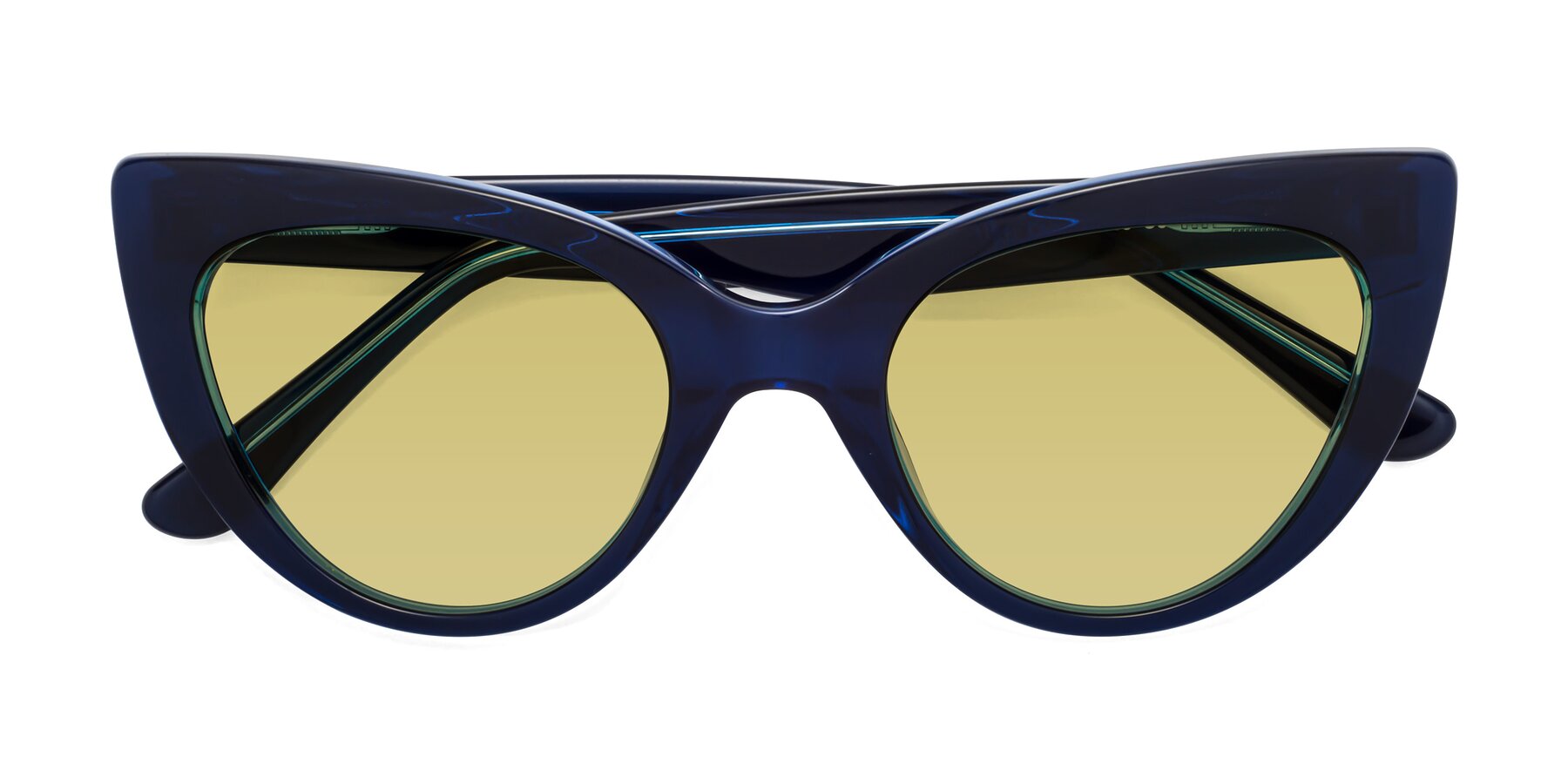 Folded Front of Tiesi in Midnight Blue with Medium Champagne Tinted Lenses