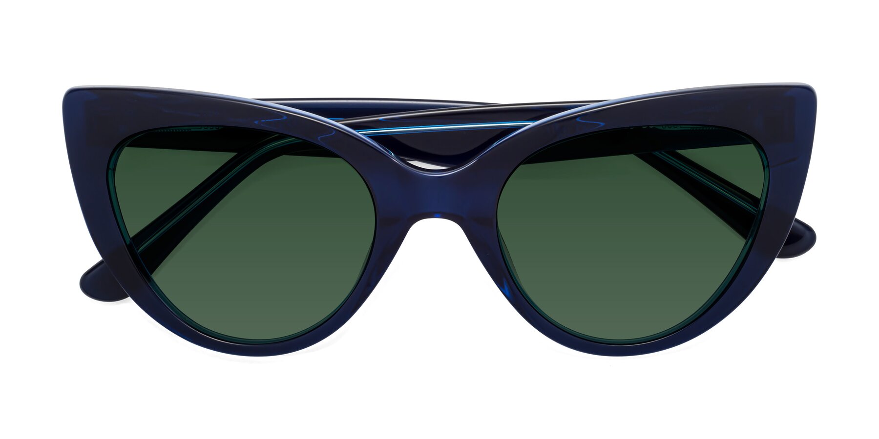 Folded Front of Tiesi in Midnight Blue with Green Tinted Lenses