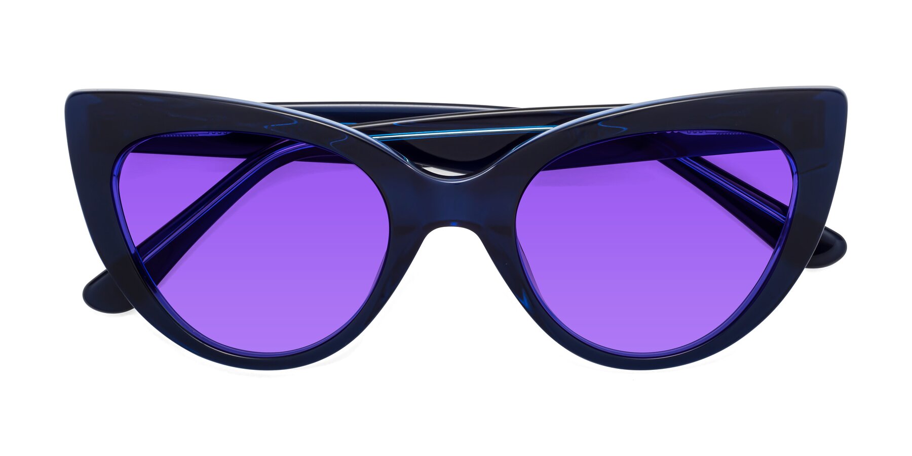 Folded Front of Tiesi in Midnight Blue with Purple Tinted Lenses