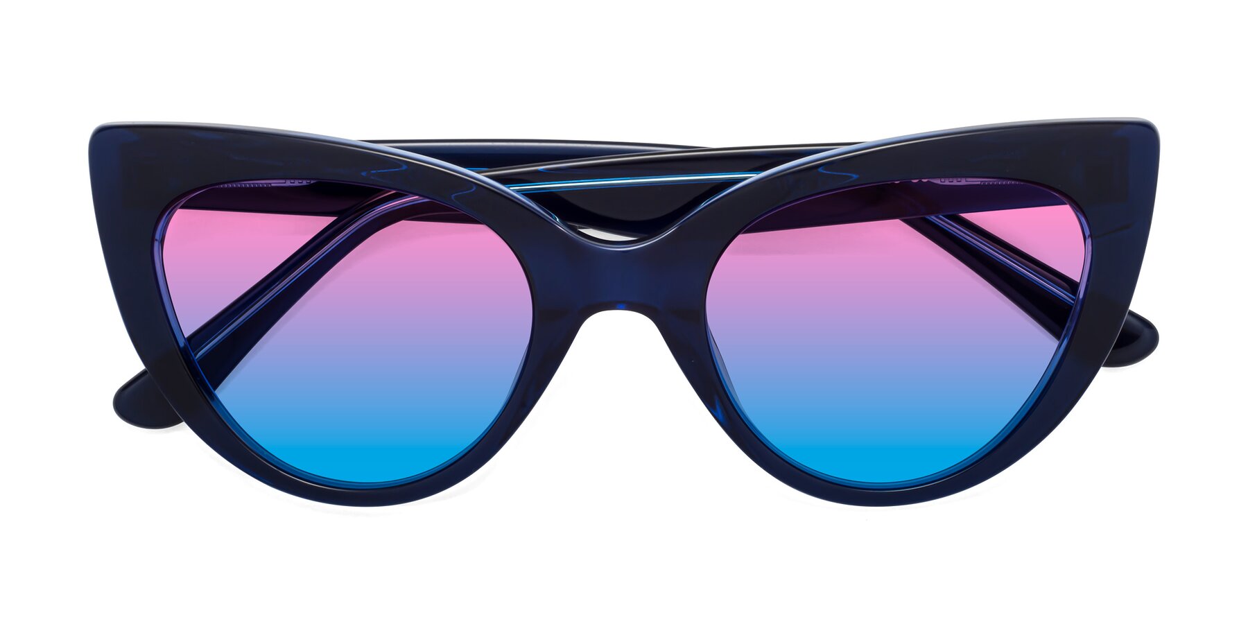 Folded Front of Tiesi in Midnight Blue with Pink / Blue Gradient Lenses