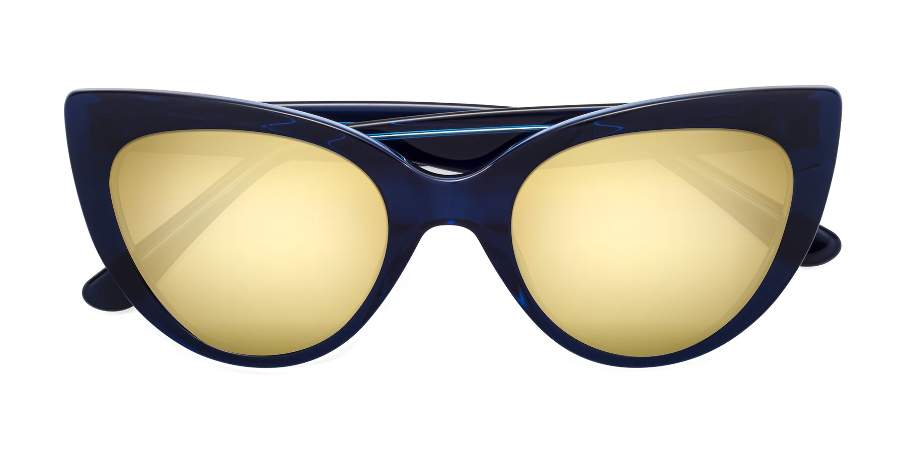 Folded Front of Tiesi in Midnight Blue with Gold Mirrored Lenses