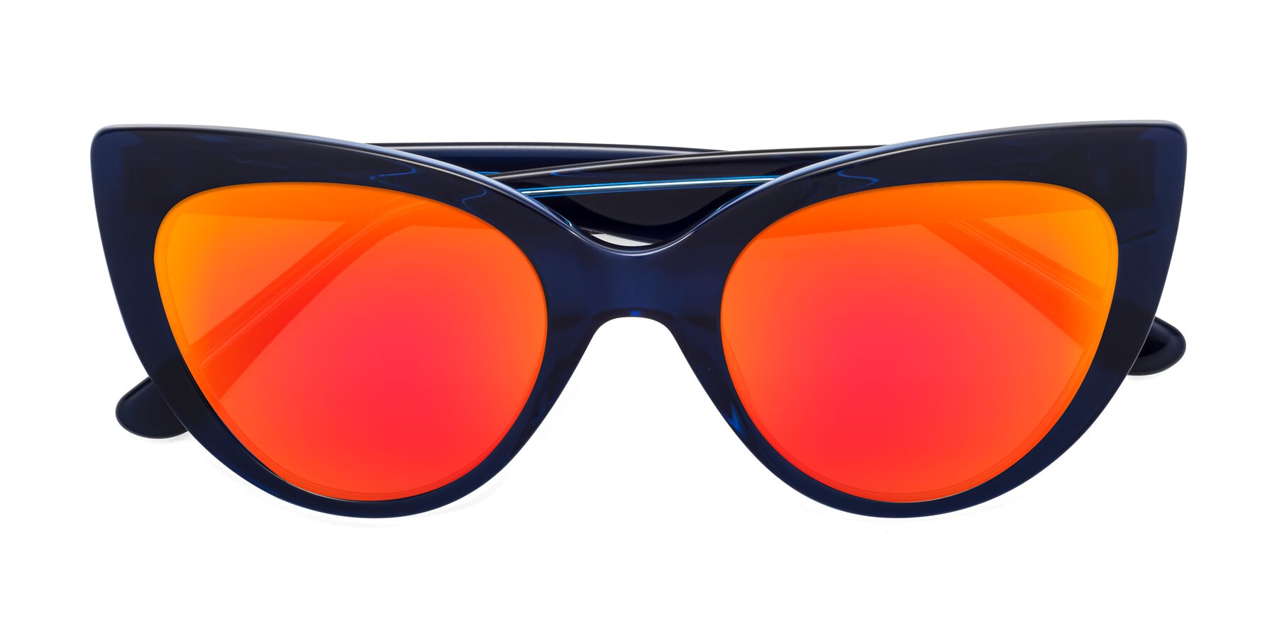 Folded Front of Tiesi in Midnight Blue with Red Gold Mirrored Lenses
