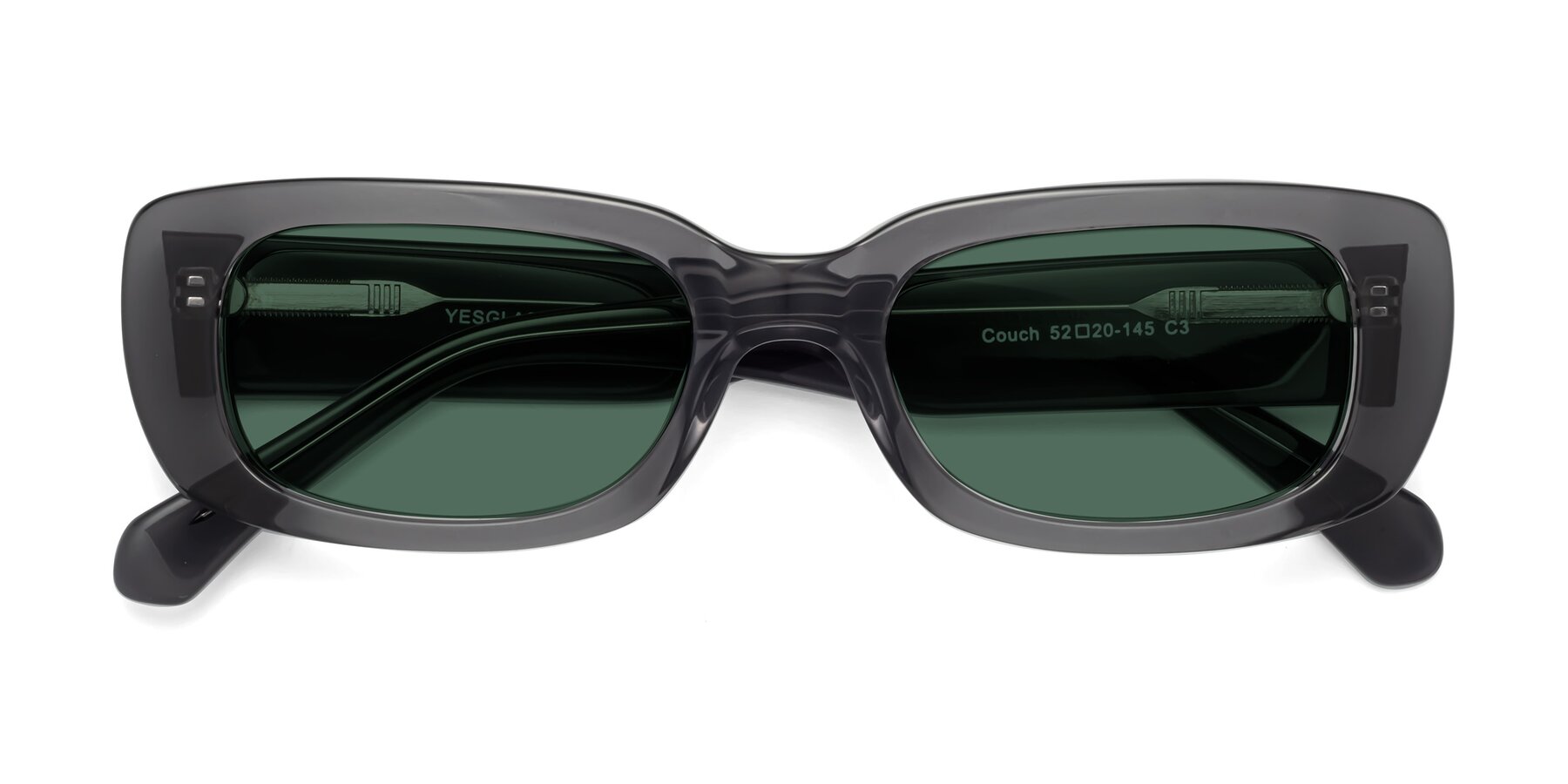 Folded Front of Couch in Gray with Green Polarized Lenses