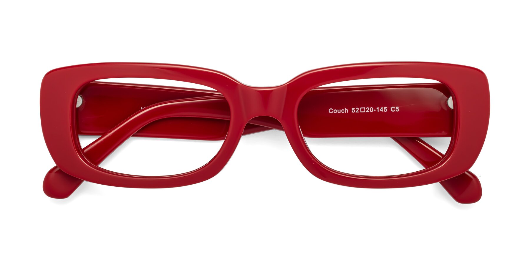 Folded Front of Couch in Red with Clear Reading Eyeglass Lenses