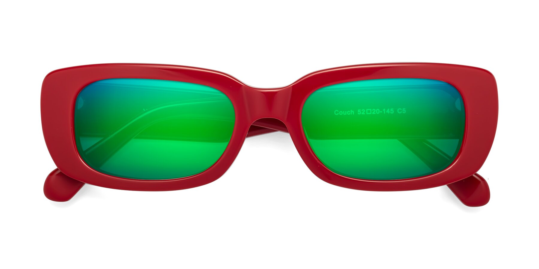 Folded Front of Couch in Red with Green Mirrored Lenses
