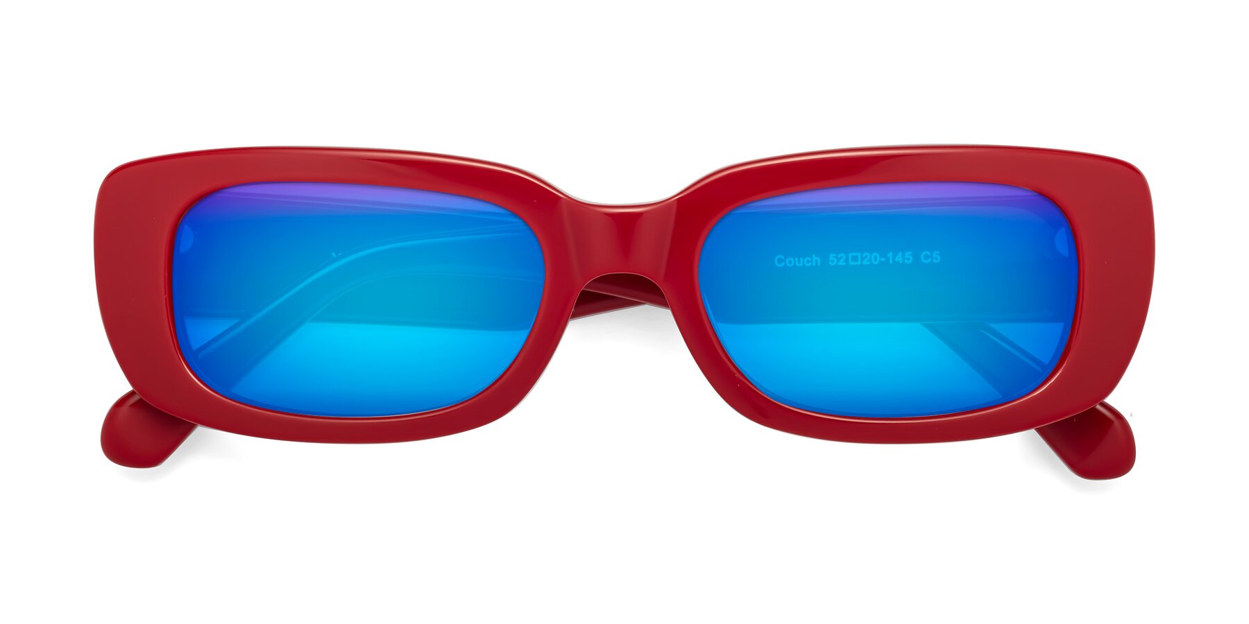 Folded Front of Couch in Red with Blue Mirrored Lenses