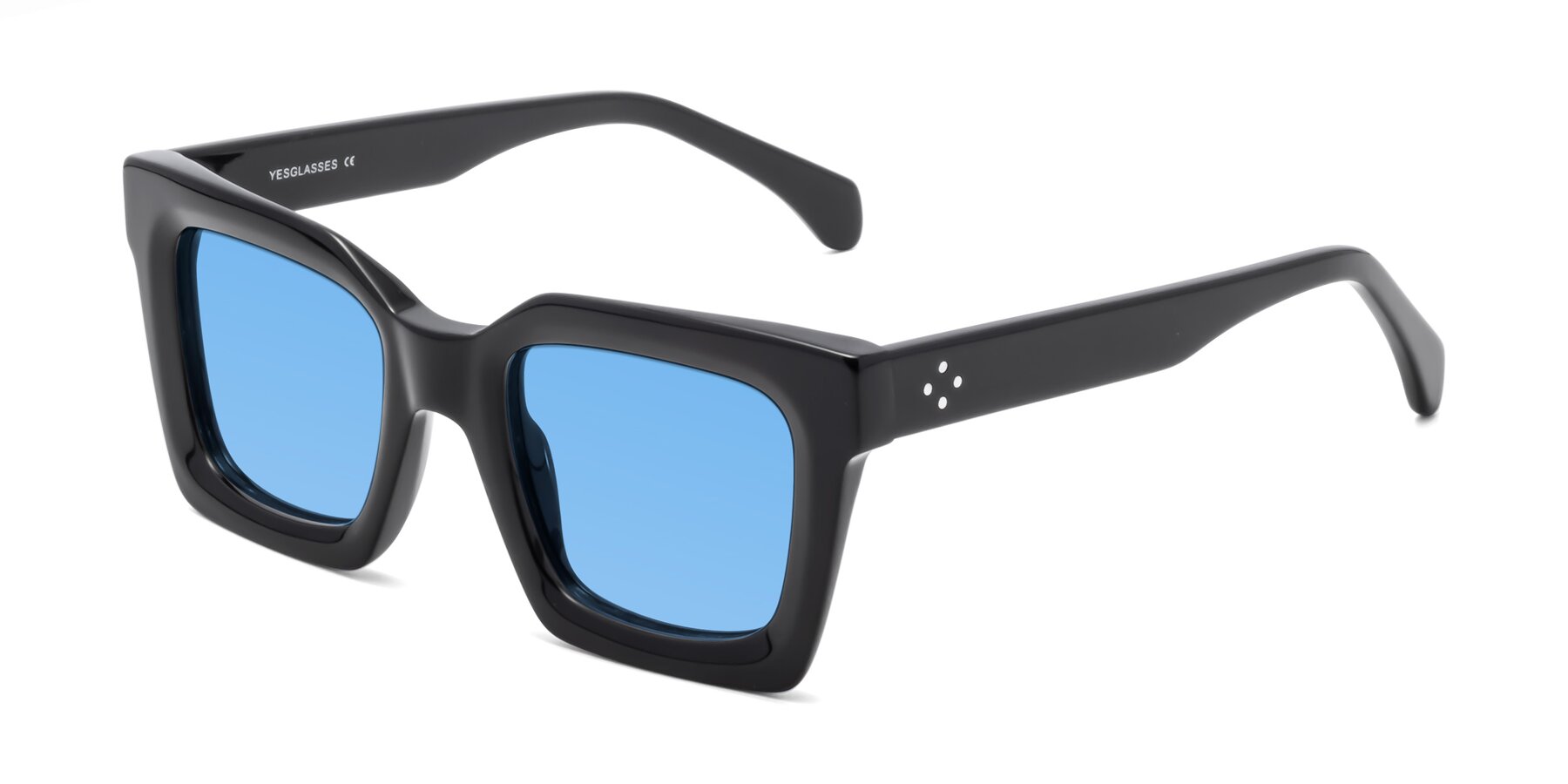 Angle of Piper in Black with Medium Blue Tinted Lenses