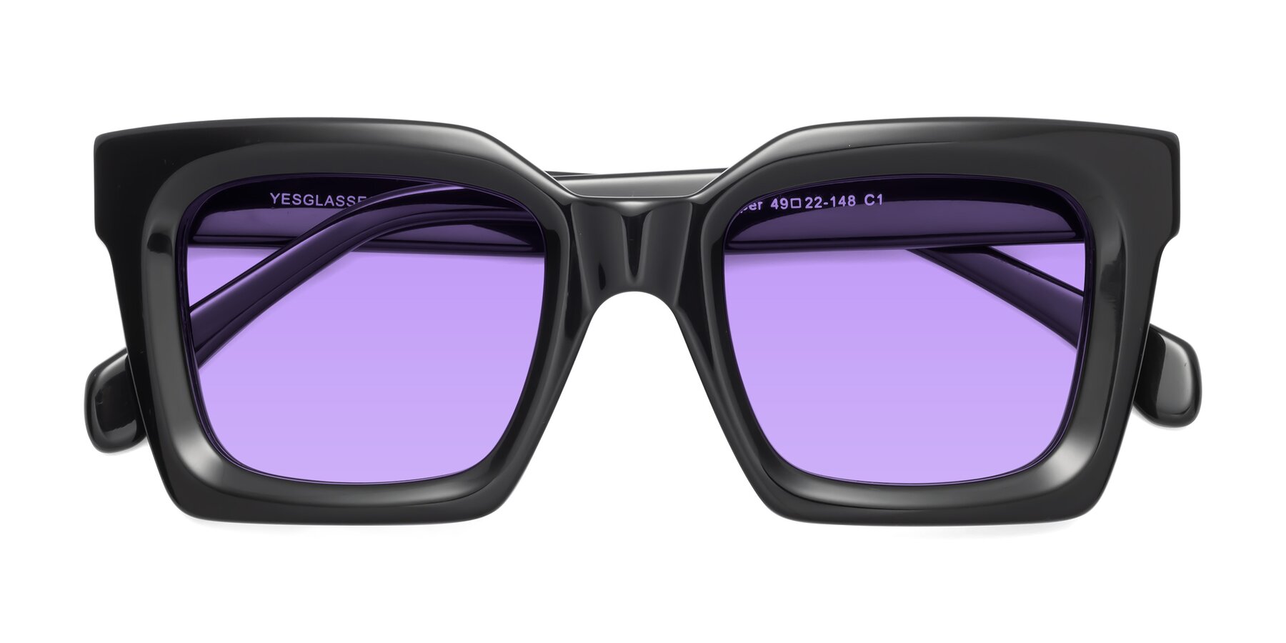 Folded Front of Piper in Black with Medium Purple Tinted Lenses
