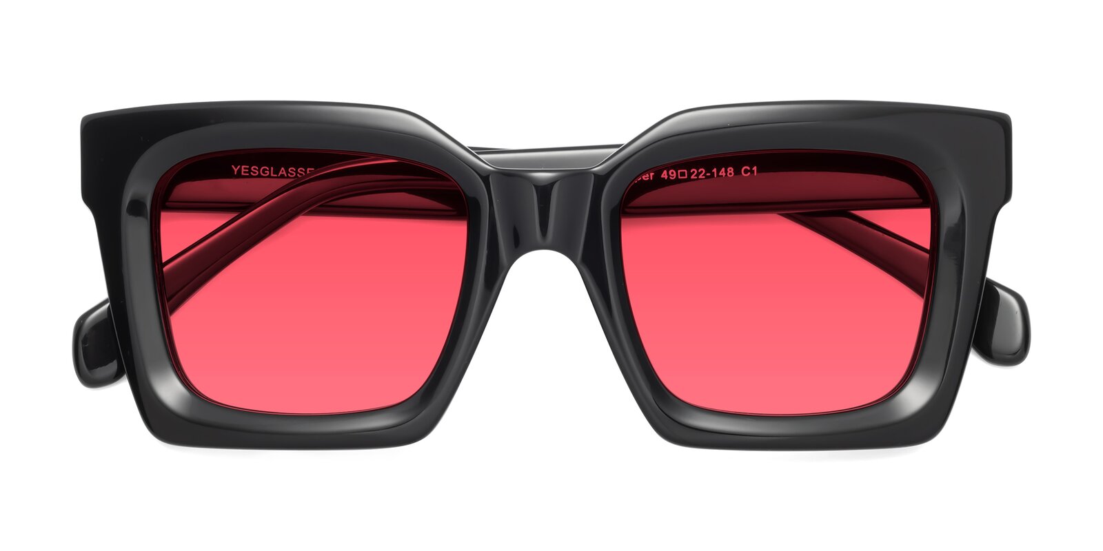 Black Oversized Thick Square Tinted Sunglasses with Red Sunwear Lenses ...