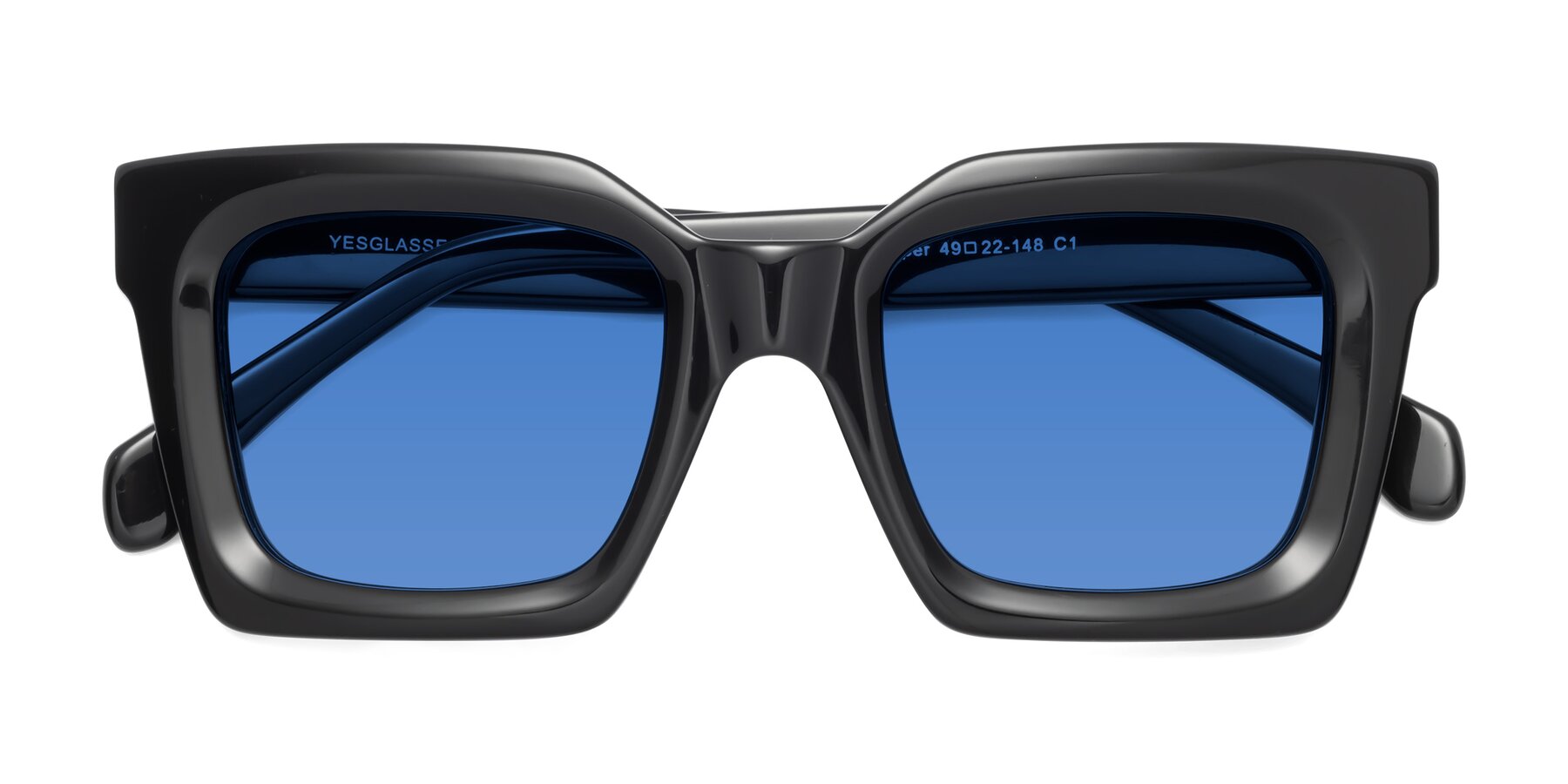 Folded Front of Piper in Black with Blue Tinted Lenses