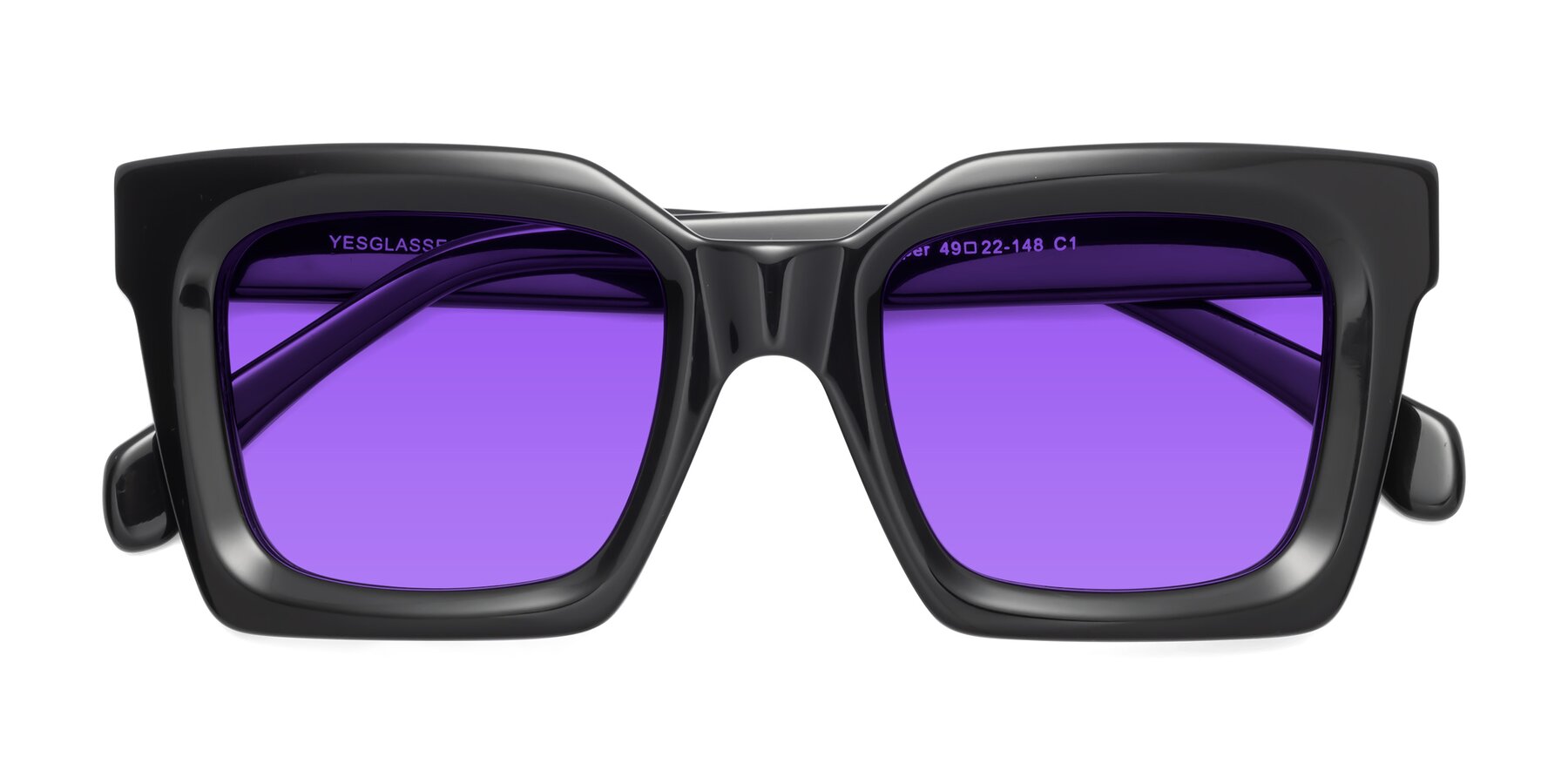 Folded Front of Piper in Black with Purple Tinted Lenses