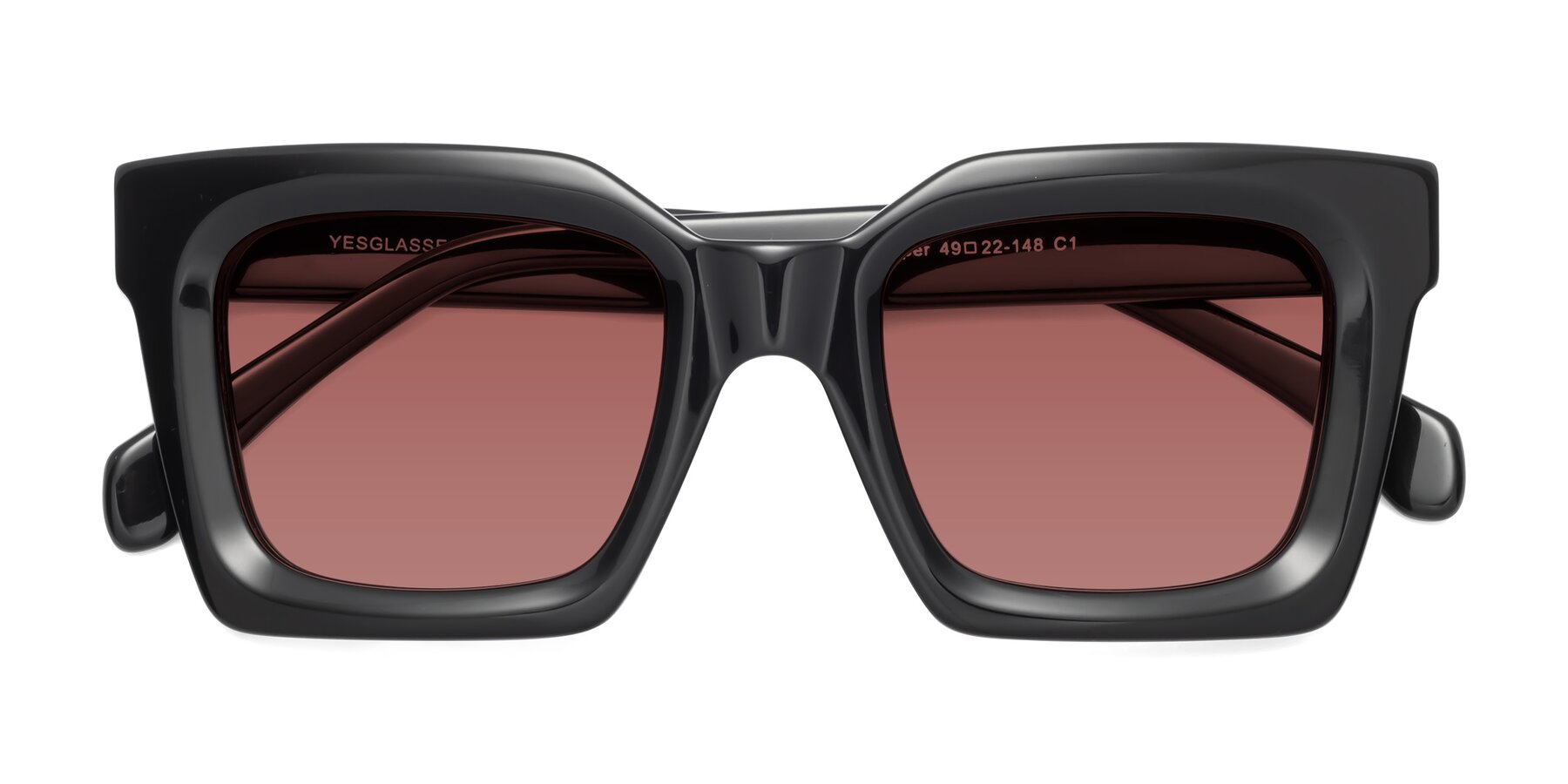 Folded Front of Piper in Black with Garnet Tinted Lenses