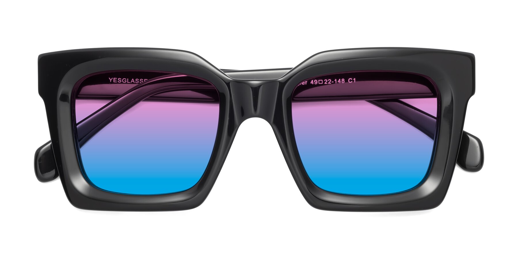 Folded Front of Piper in Black with Pink / Blue Gradient Lenses