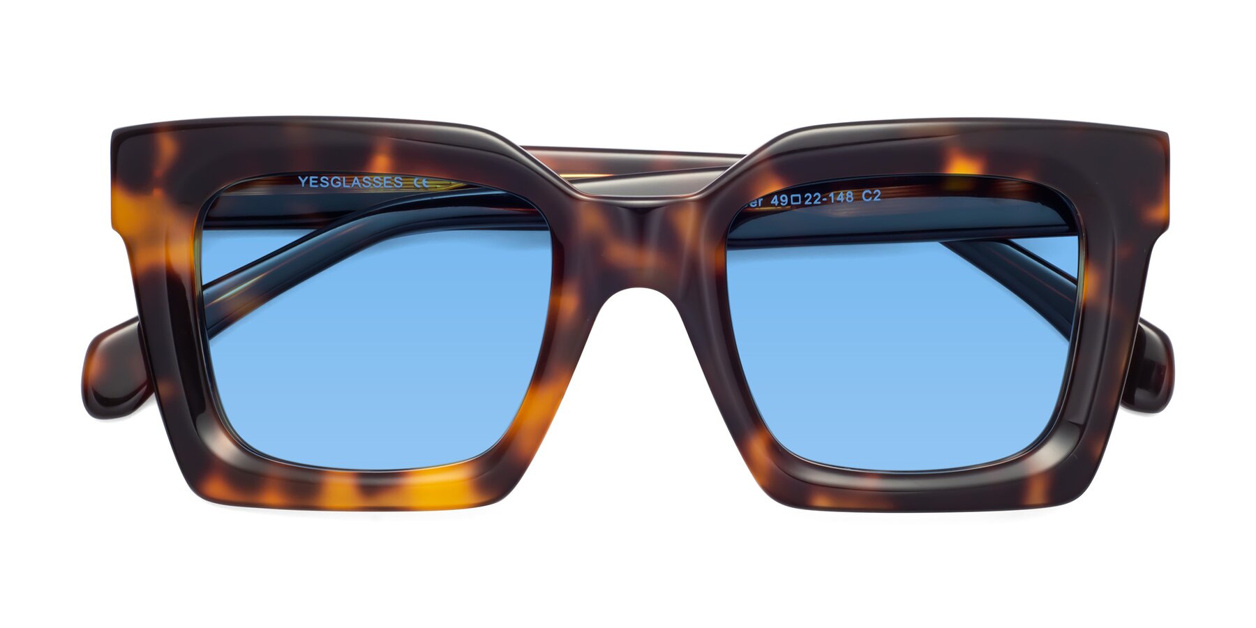 Folded Front of Piper in Tortoise with Medium Blue Tinted Lenses