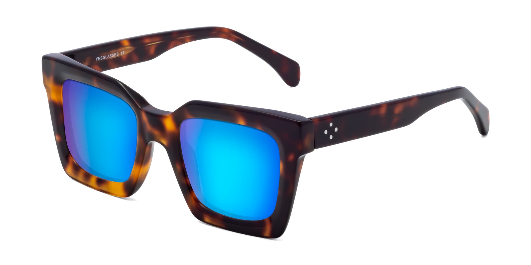 Angle of Piper in Tortoise with Blue Mirrored Lenses