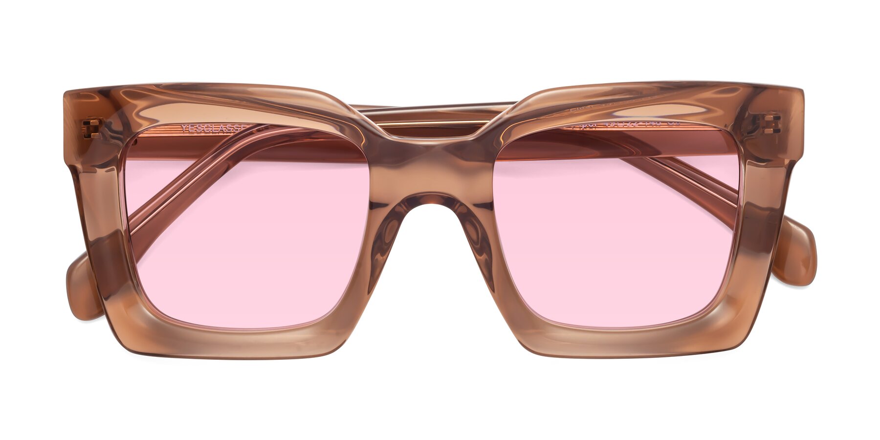 Folded Front of Piper in Caramel with Light Pink Tinted Lenses