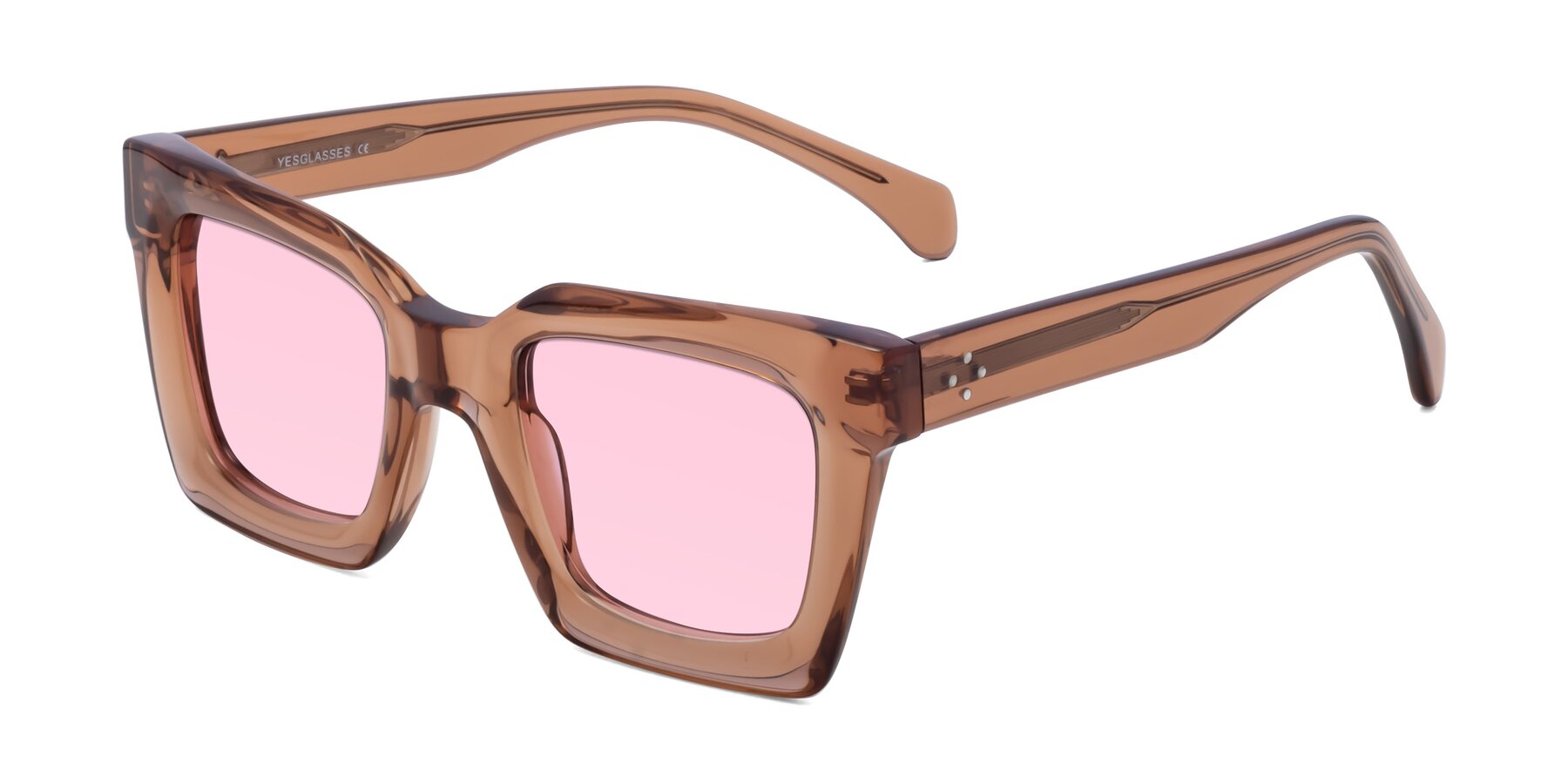 Angle of Piper in Caramel with Light Pink Tinted Lenses