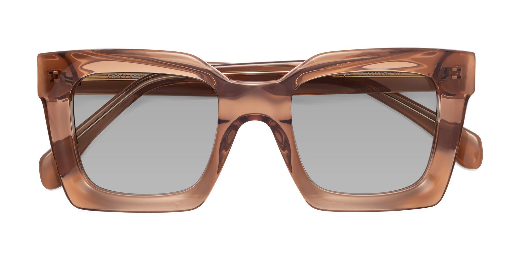 Folded Front of Piper in Caramel with Light Gray Tinted Lenses