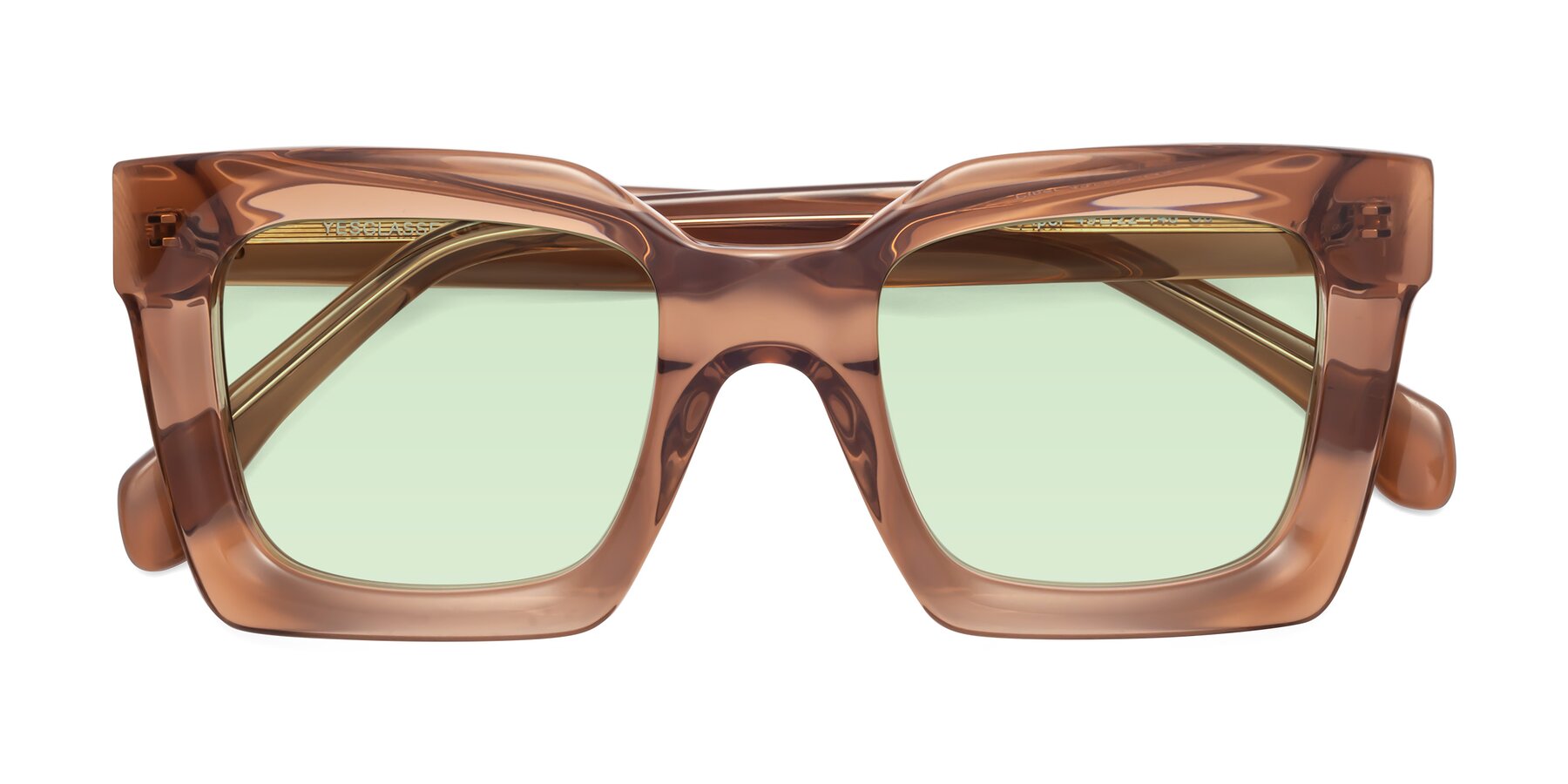 Folded Front of Piper in Caramel with Light Green Tinted Lenses