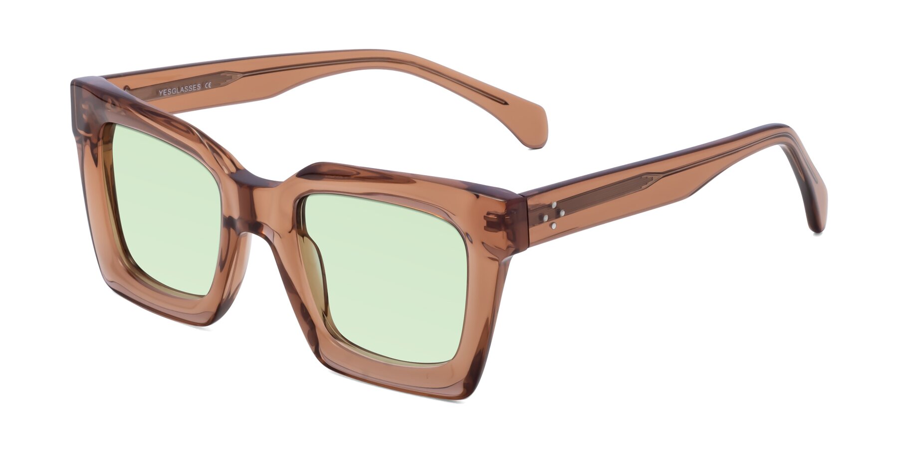 Angle of Piper in Caramel with Light Green Tinted Lenses