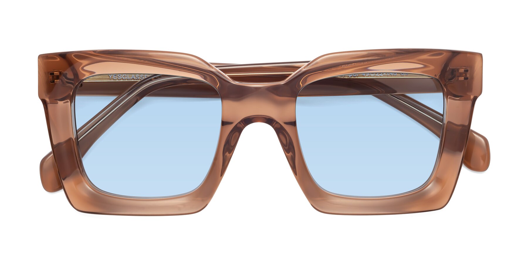Folded Front of Piper in Caramel with Light Blue Tinted Lenses