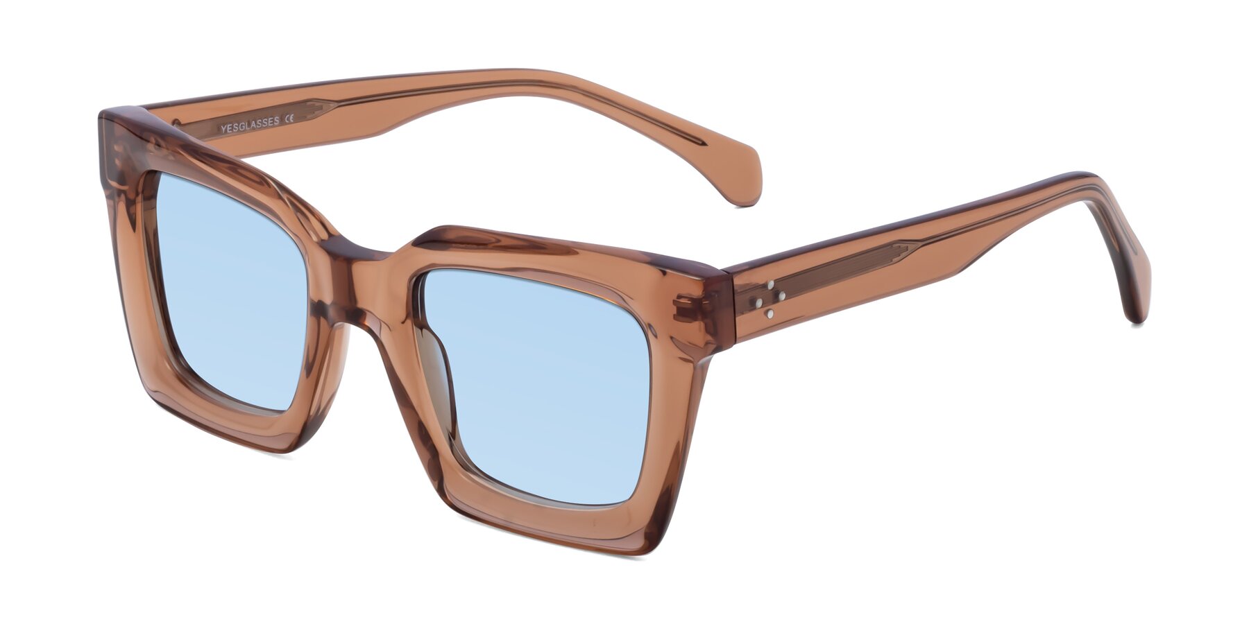 Angle of Piper in Caramel with Light Blue Tinted Lenses