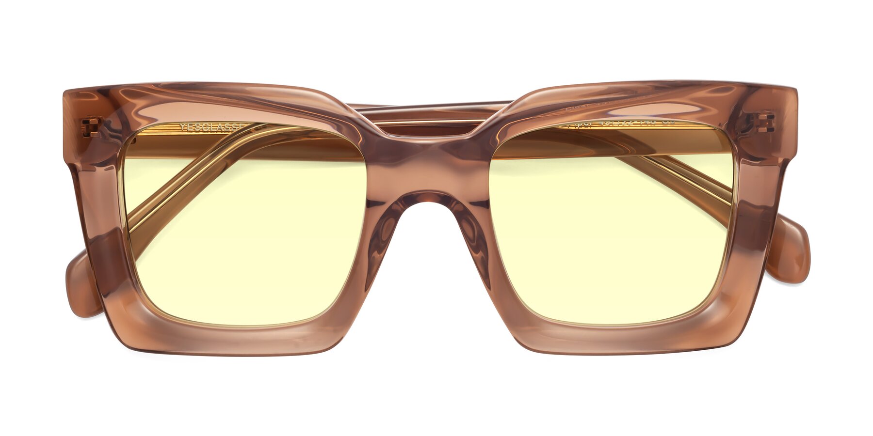 Folded Front of Piper in Caramel with Light Yellow Tinted Lenses