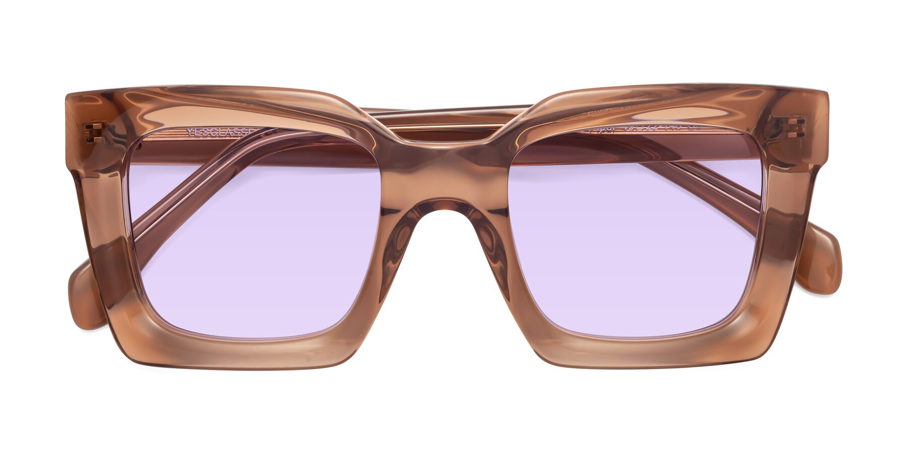Folded Front of Piper in Caramel with Light Purple Tinted Lenses