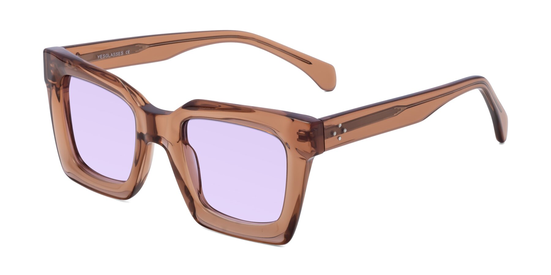 Angle of Piper in Caramel with Light Purple Tinted Lenses