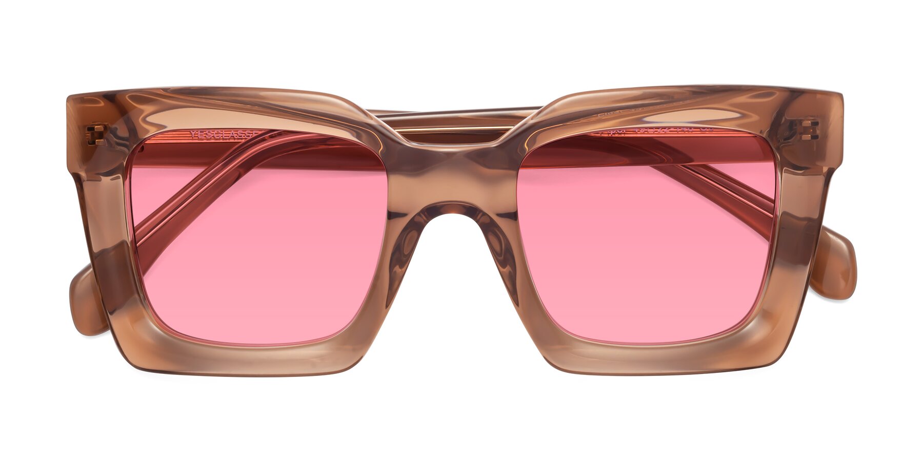 Folded Front of Piper in Caramel with Pink Tinted Lenses