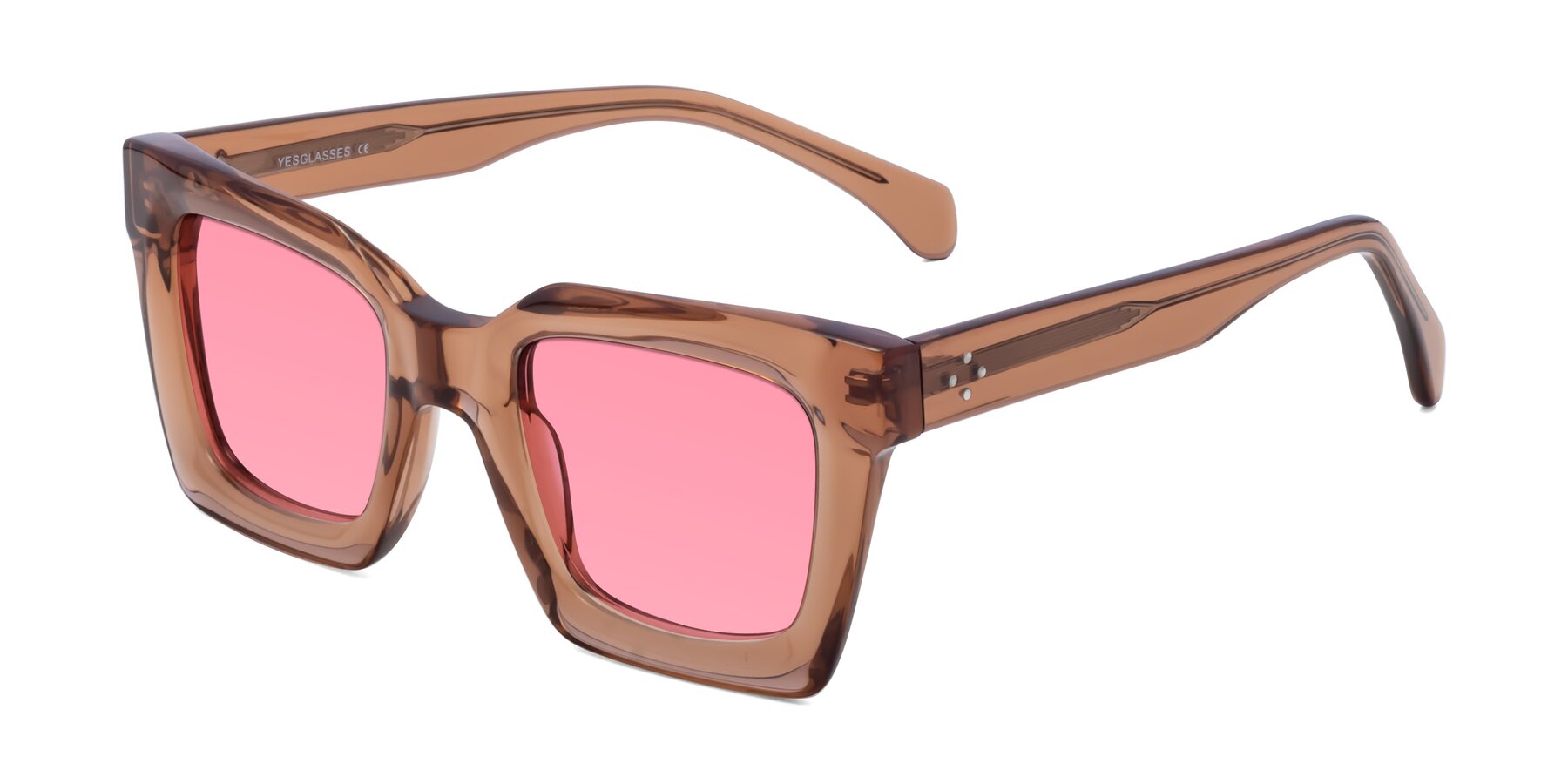 Angle of Piper in Caramel with Pink Tinted Lenses