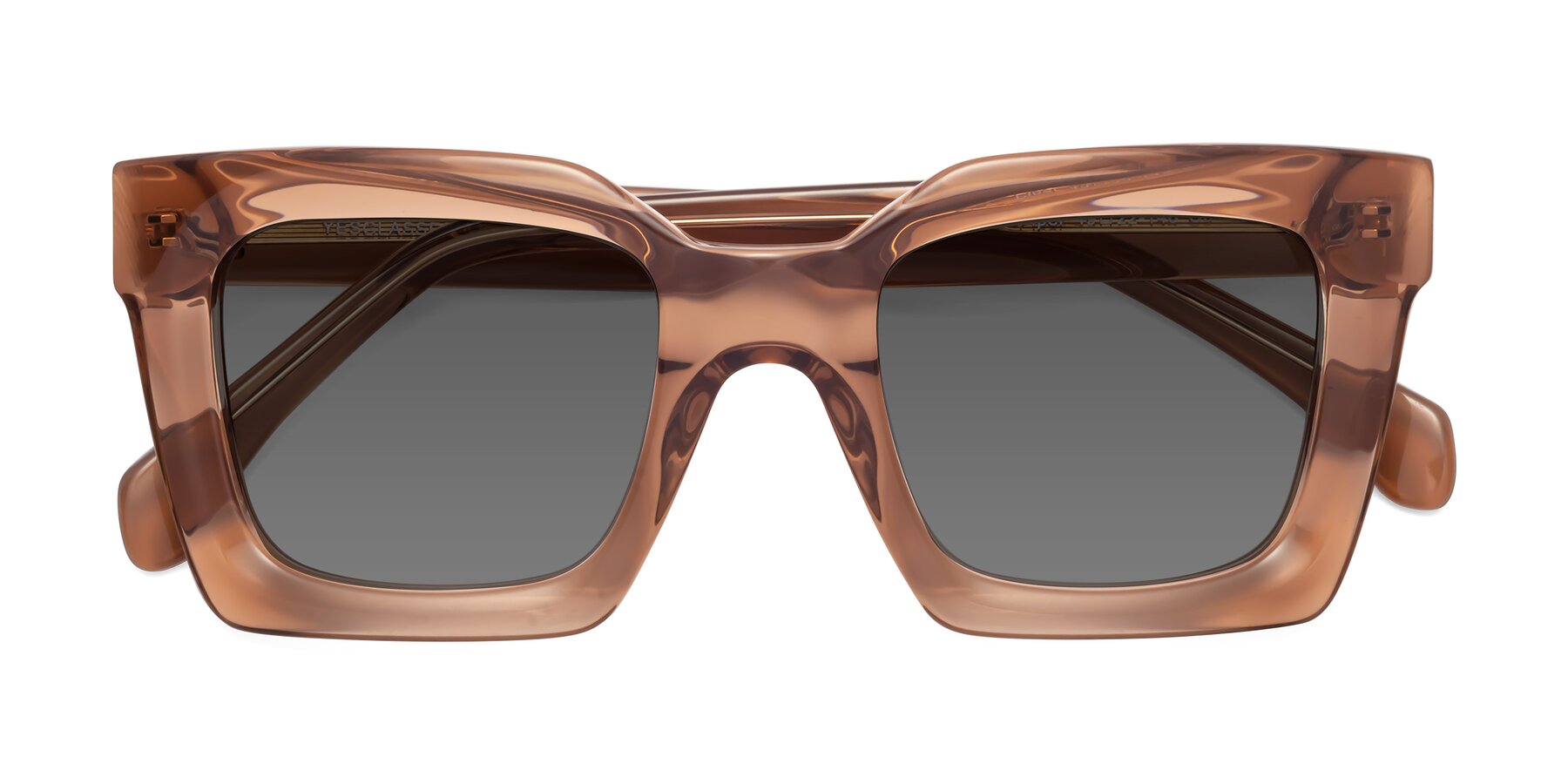 Folded Front of Piper in Caramel with Medium Gray Tinted Lenses
