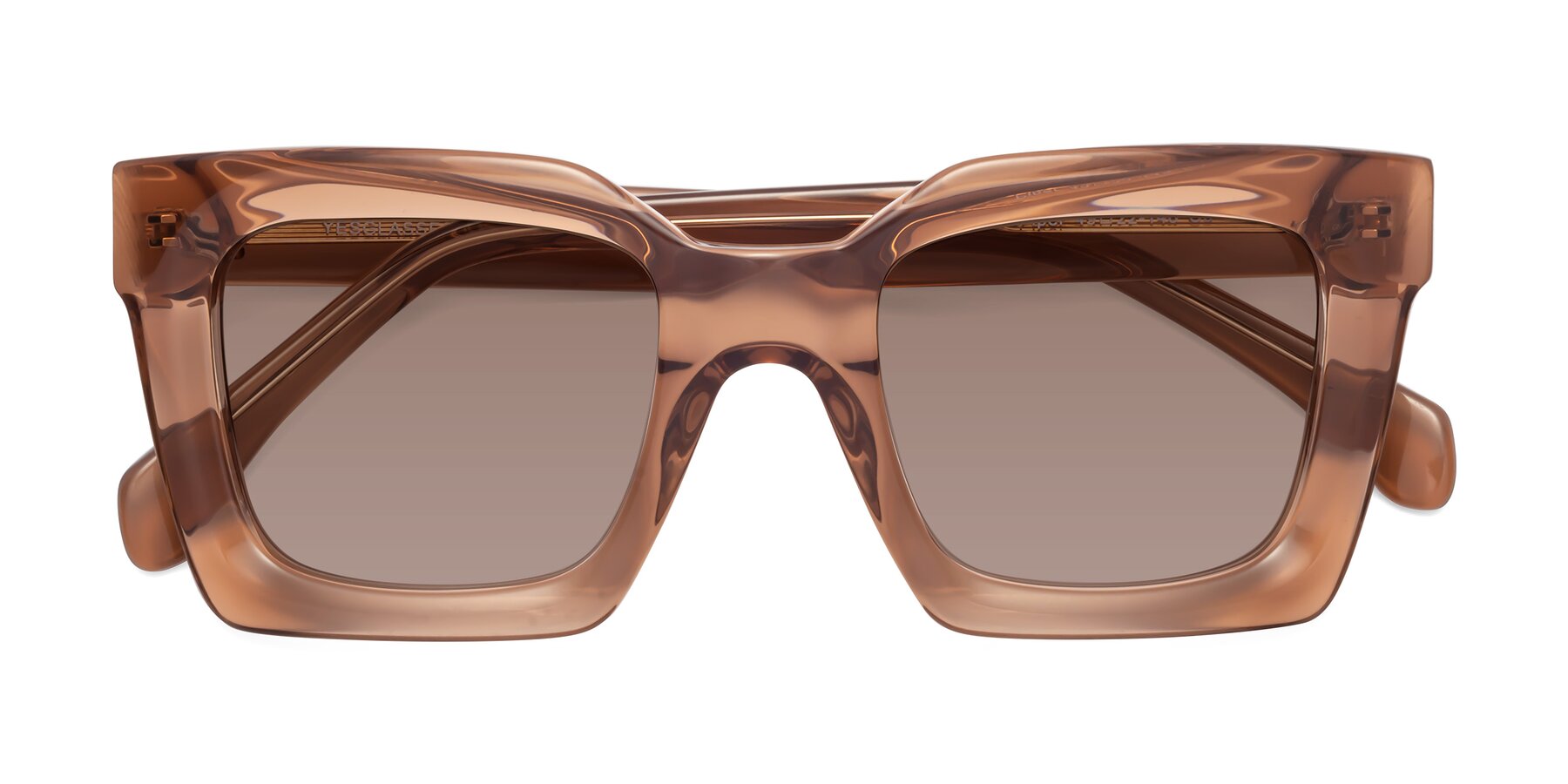 Folded Front of Piper in Caramel with Medium Brown Tinted Lenses