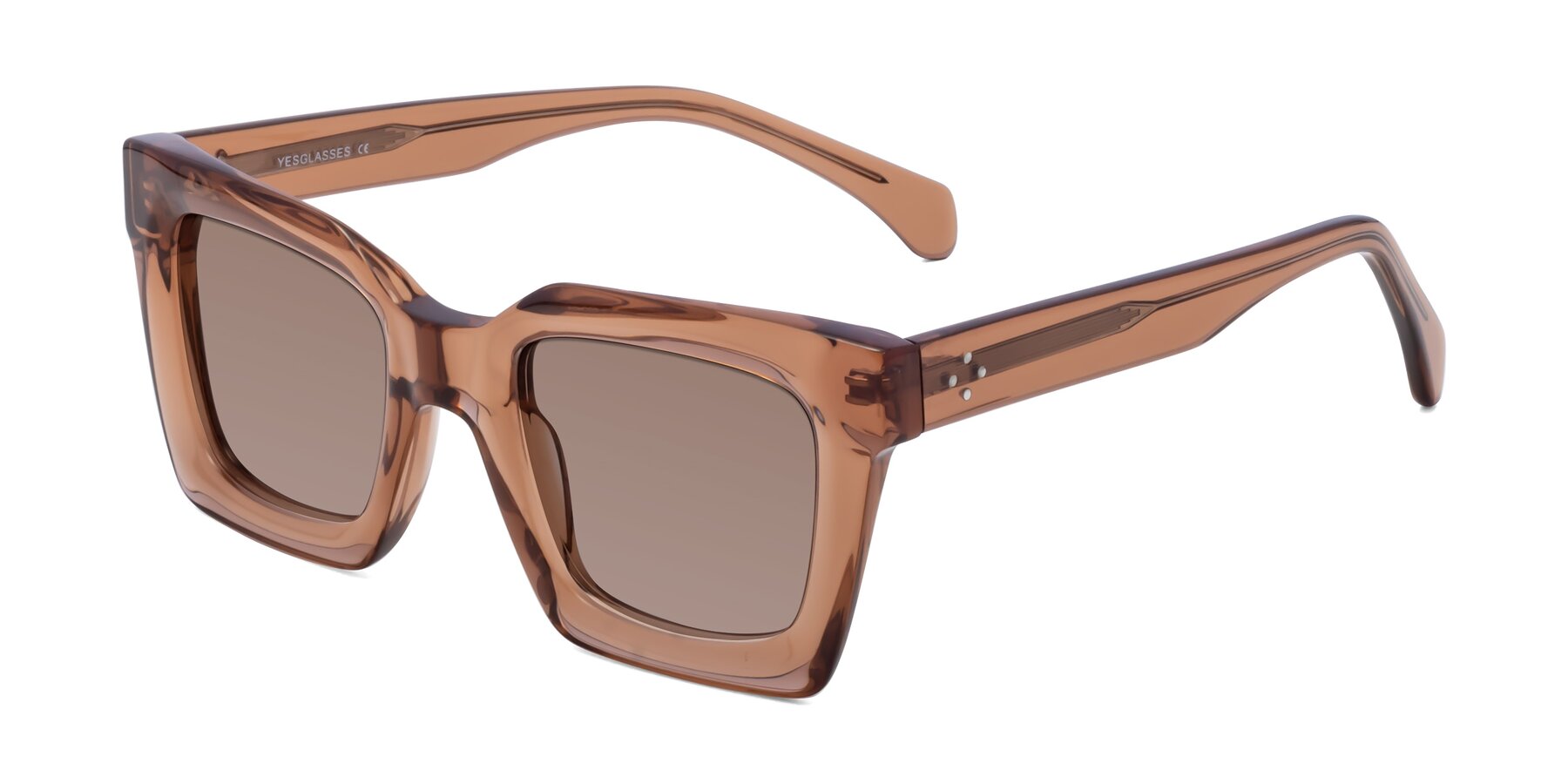 Angle of Piper in Caramel with Medium Brown Tinted Lenses