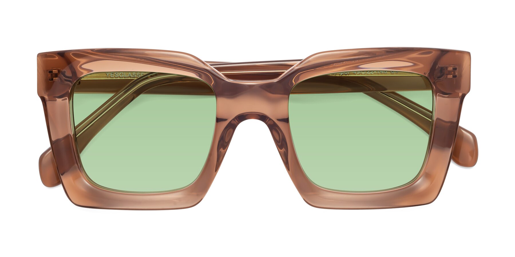 Folded Front of Piper in Caramel with Medium Green Tinted Lenses