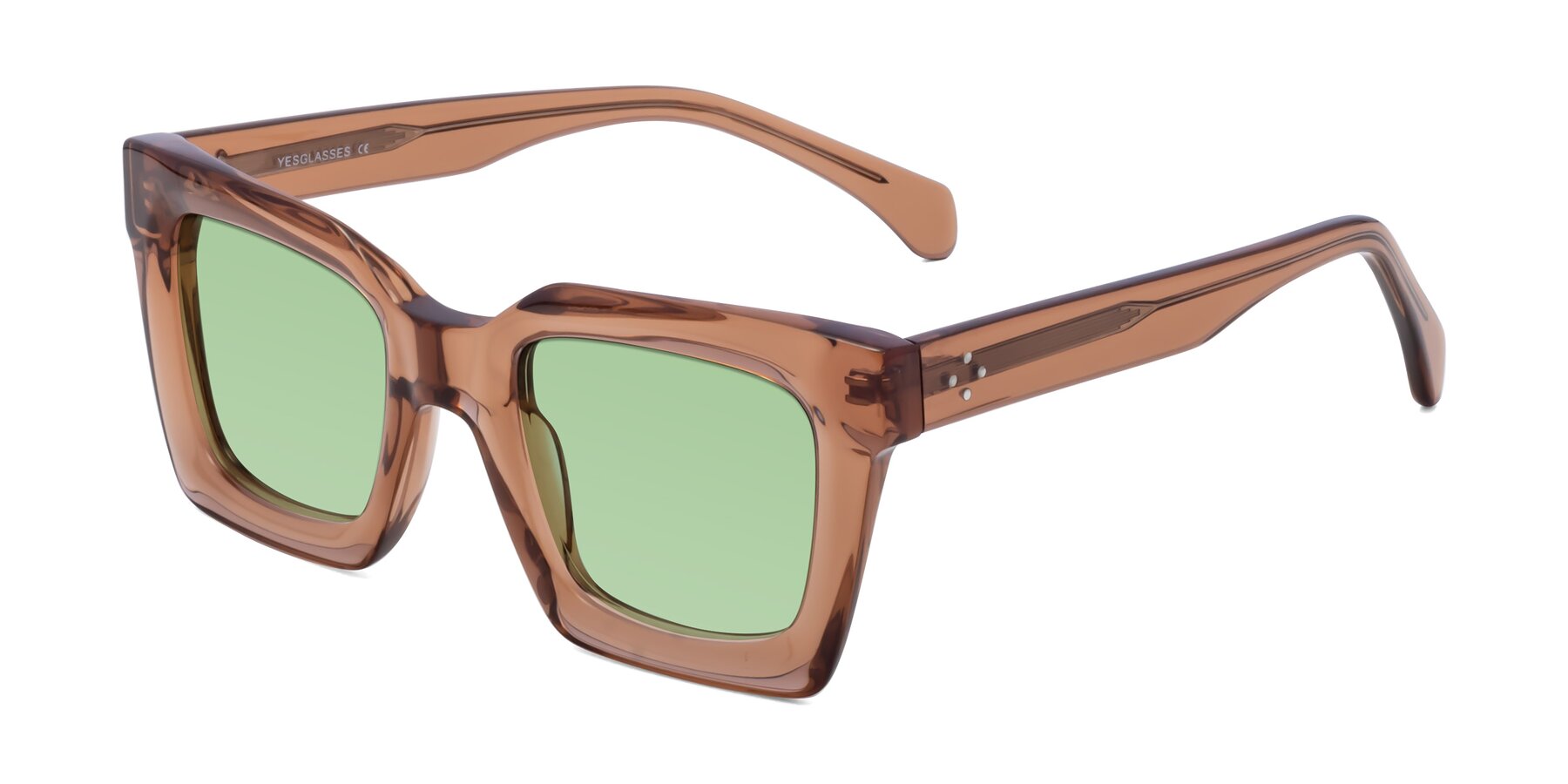Angle of Piper in Caramel with Medium Green Tinted Lenses