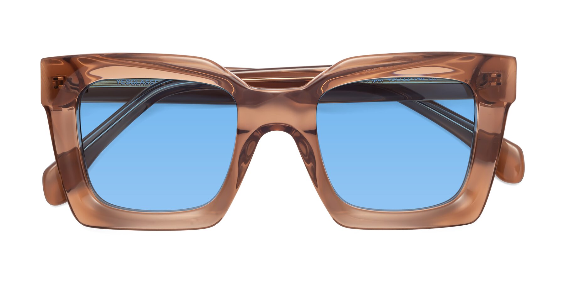 Folded Front of Piper in Caramel with Medium Blue Tinted Lenses