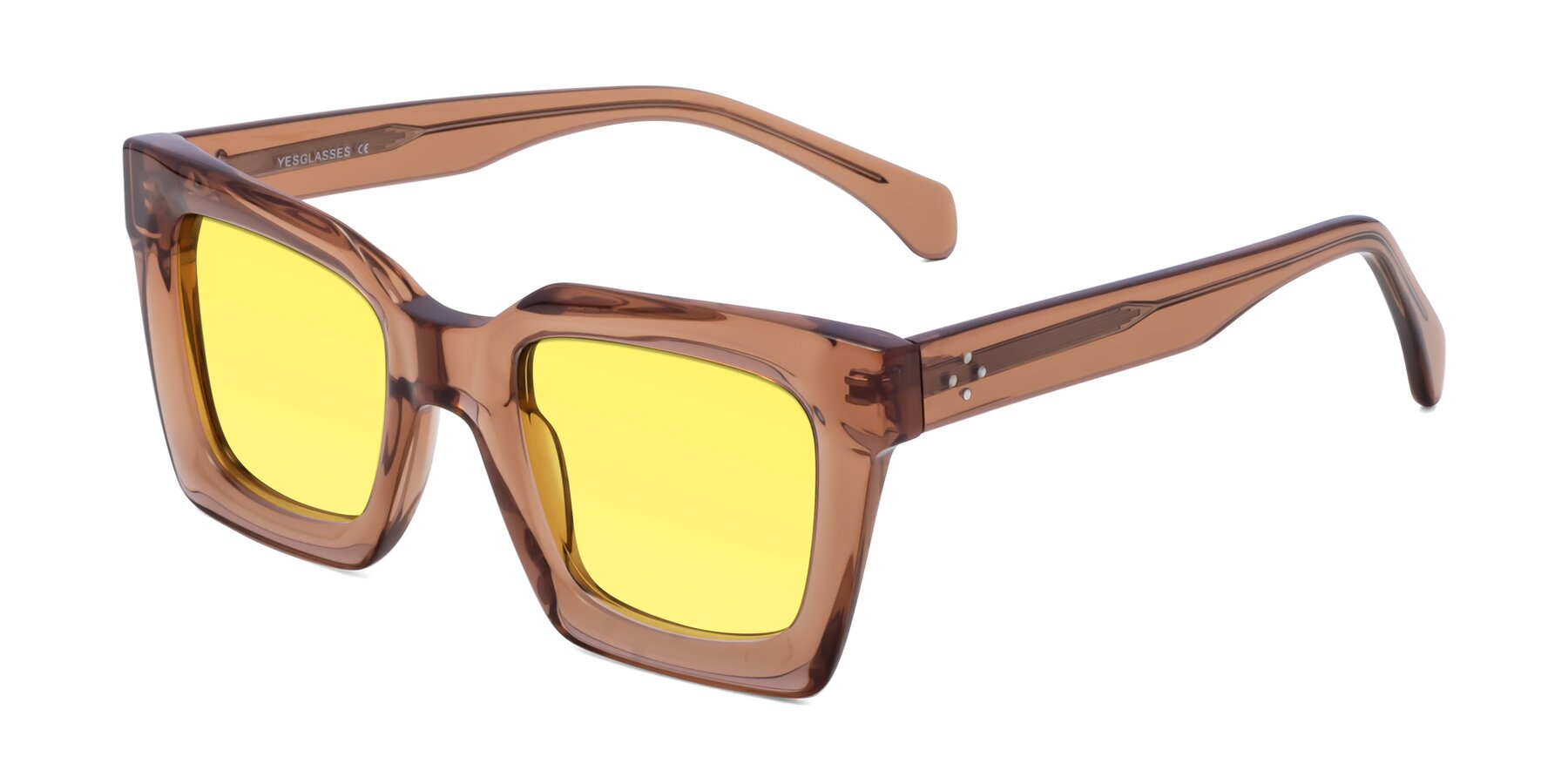 Angle of Piper in Caramel with Medium Yellow Tinted Lenses