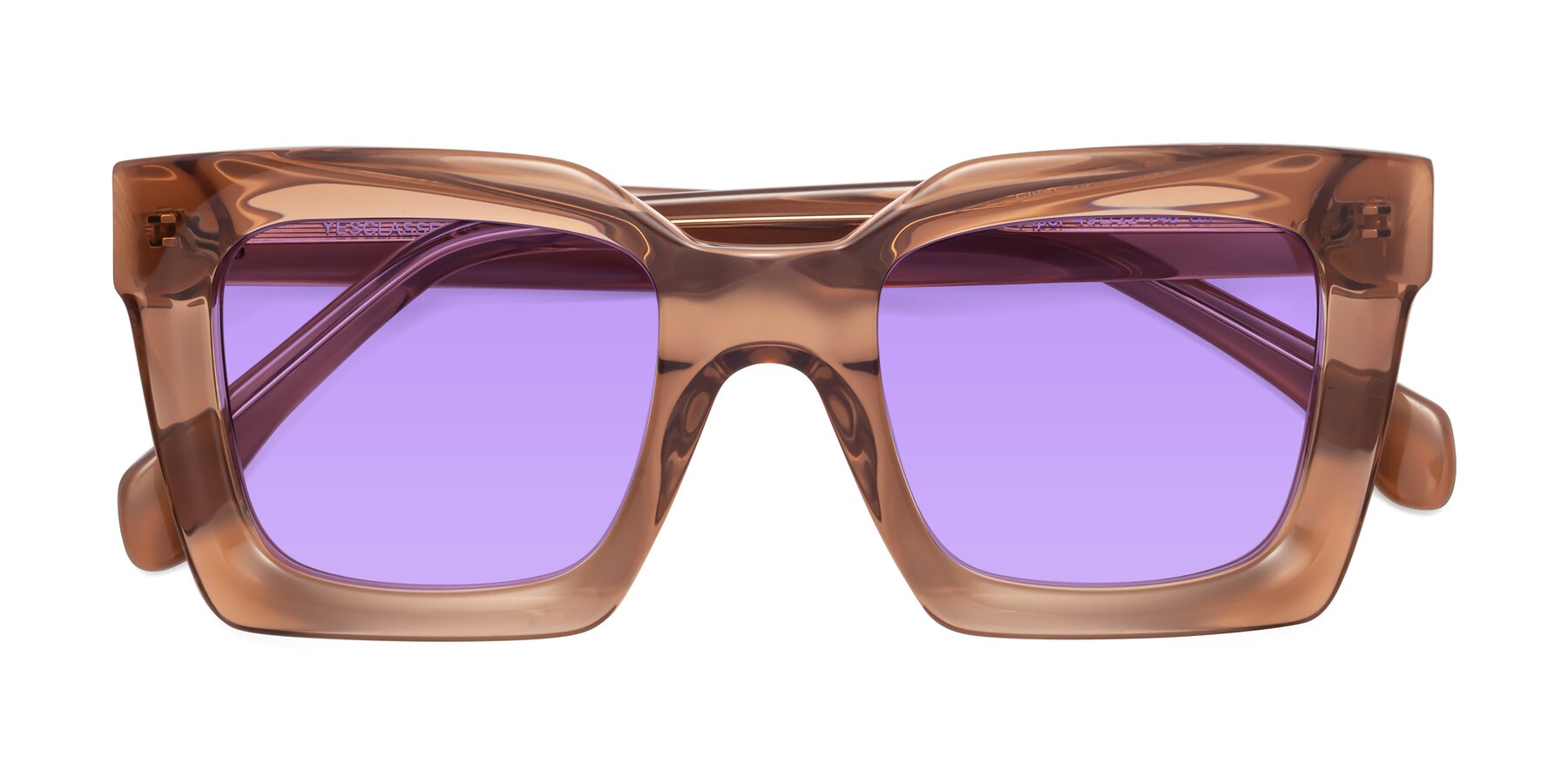 Folded Front of Piper in Caramel with Medium Purple Tinted Lenses