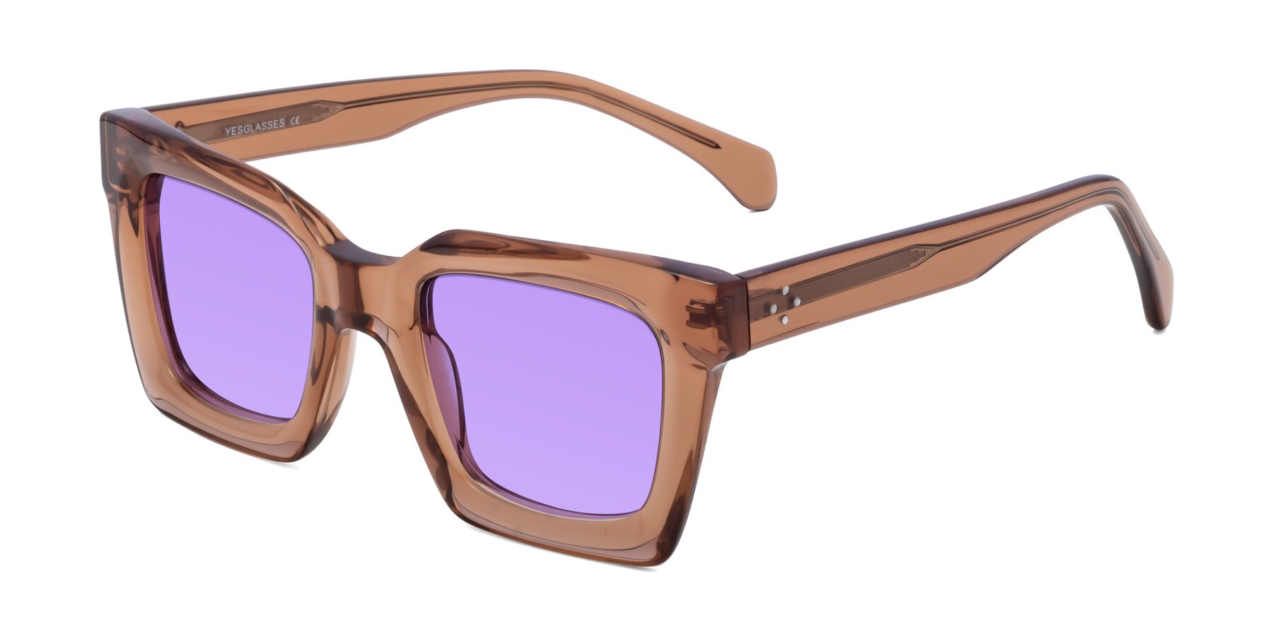 Angle of Piper in Caramel with Medium Purple Tinted Lenses